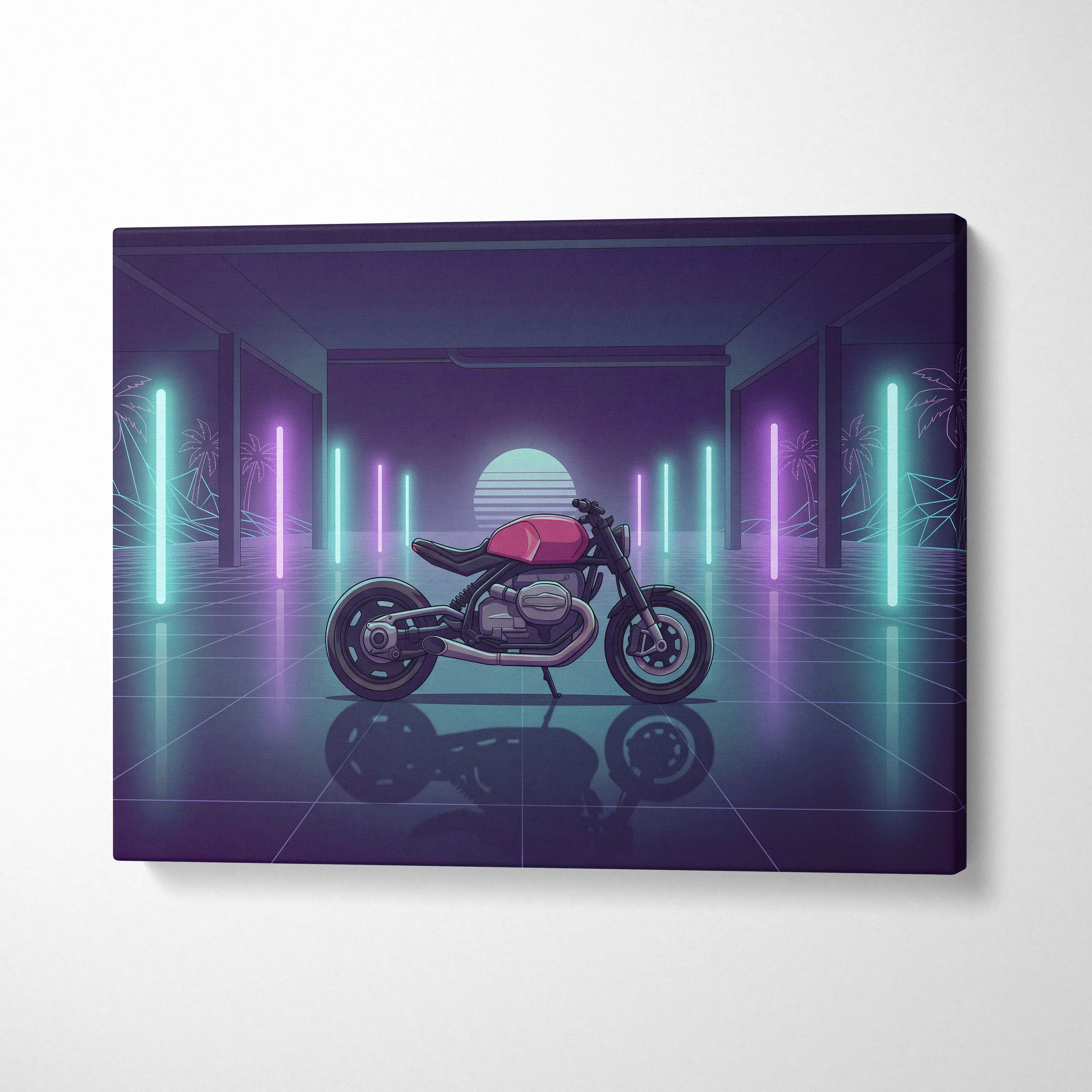 BMW Custom R NineT Inspired Pink Purple Motorcycle Canvas Wall Art Vaporwave Neon Retro Futuristic Garage Decor Modern Café Racer Artwork