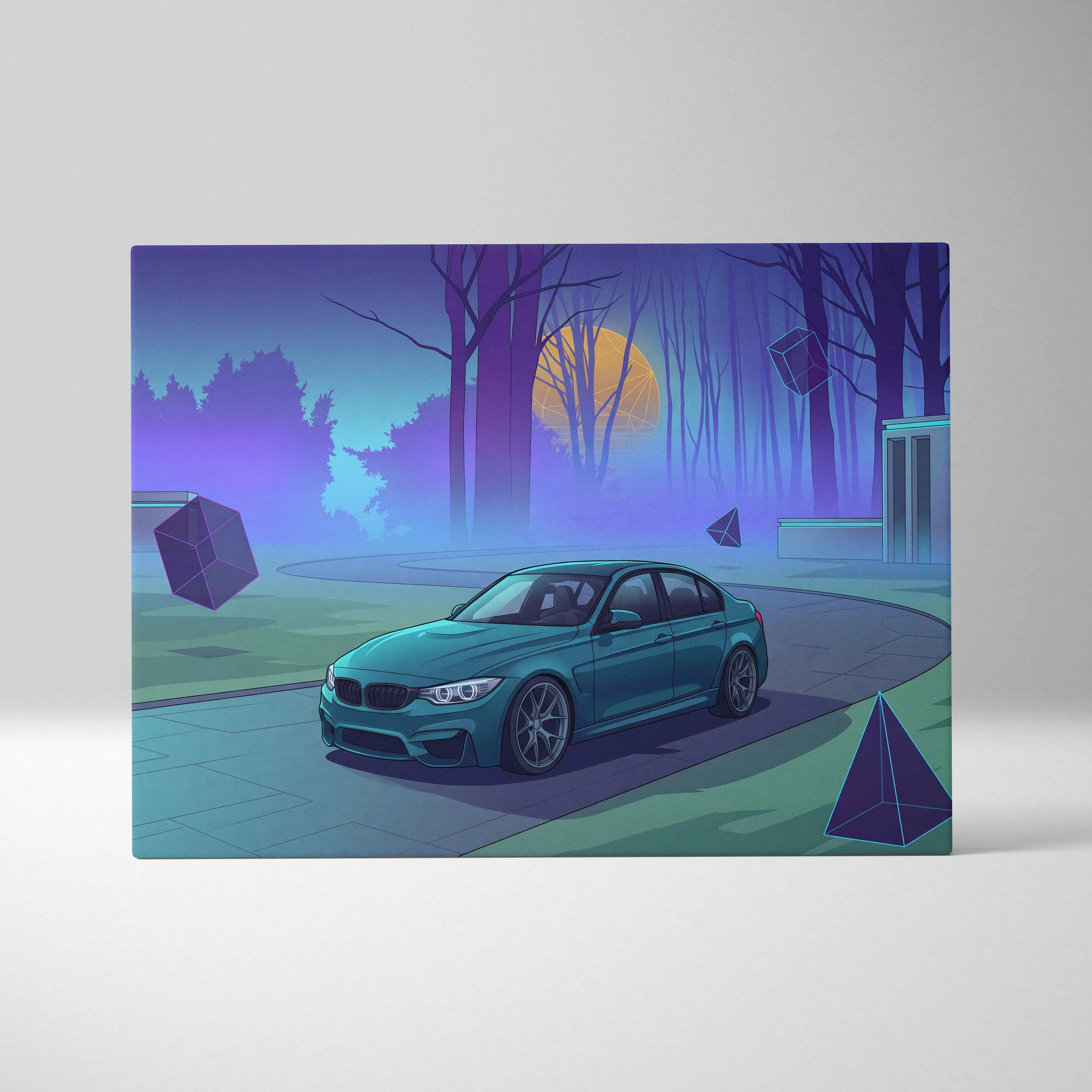 BMW M3 Inspired Teal Purple Canvas Wall Art, Forest Vaporwave Sports Sedan Artwork for Modern Garage Decor