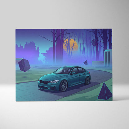 BMW M3 Inspired Teal Purple Canvas Wall Art, Forest Vaporwave Sports Sedan Artwork for Modern Garage Decor