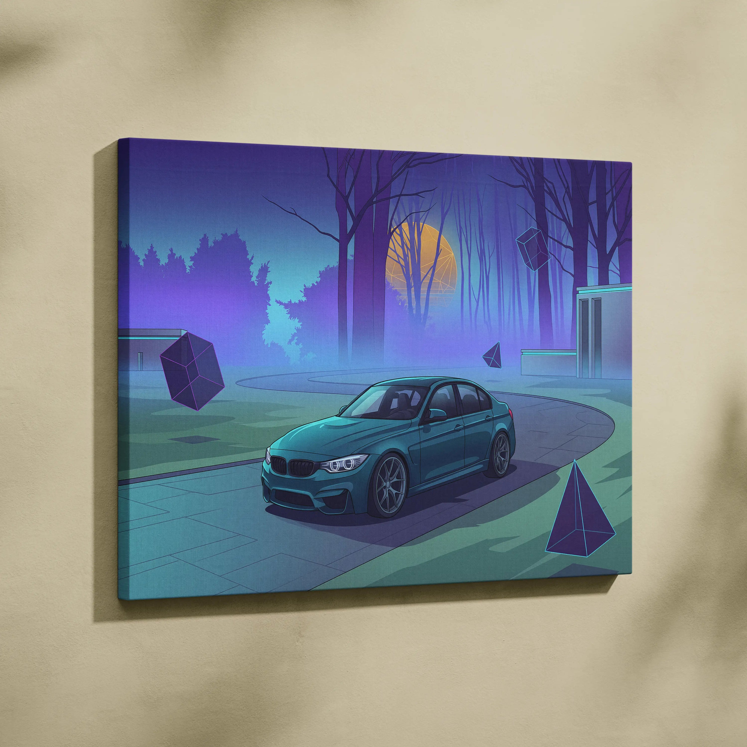 BMW M3 Inspired Teal Purple Canvas Wall Art, Forest Vaporwave Sports Sedan Artwork for Modern Garage Decor