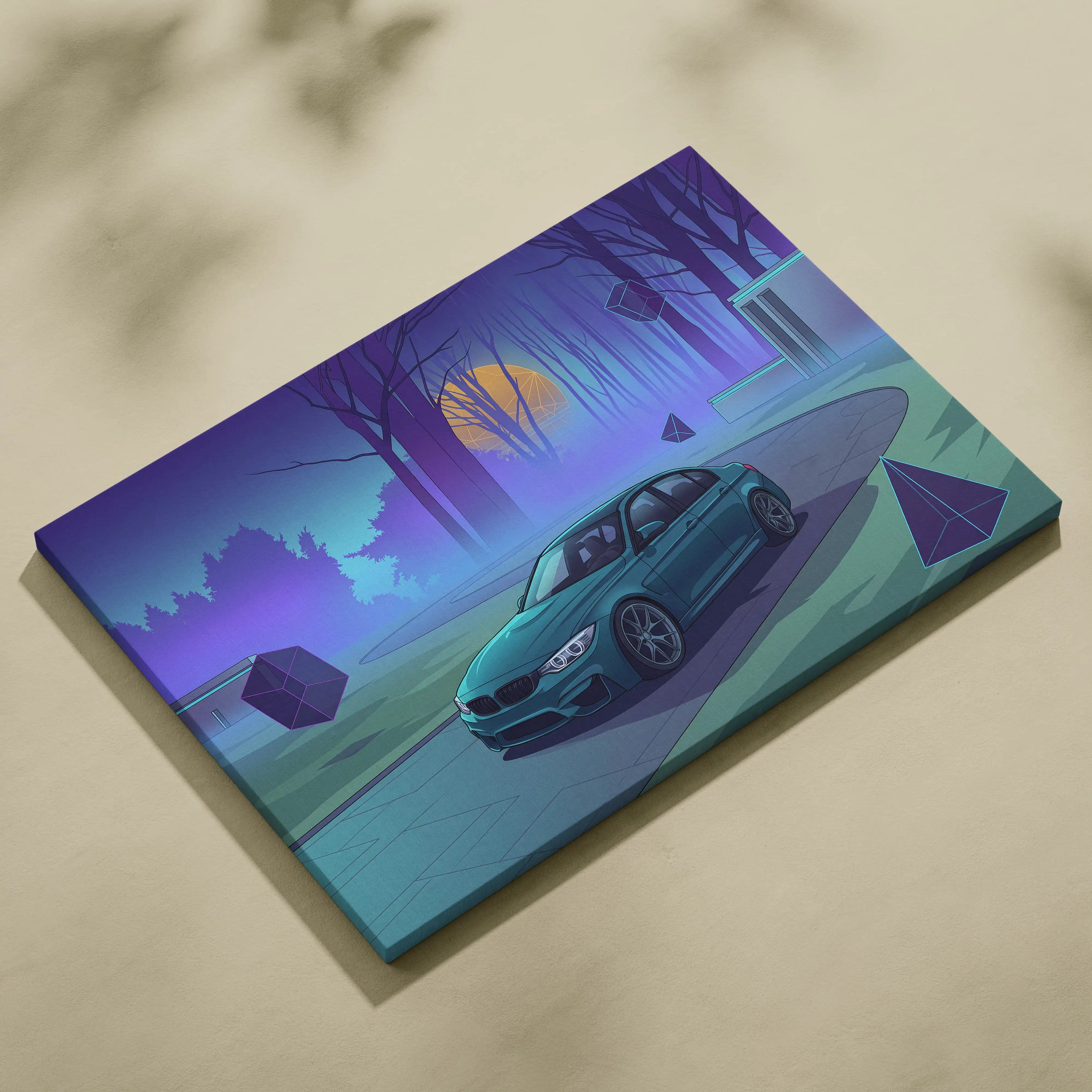 BMW M3 Inspired Teal Purple Canvas Wall Art, Forest Vaporwave Sports Sedan Artwork for Modern Garage Decor