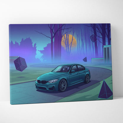 BMW M3 Inspired Teal Purple Canvas Wall Art, Forest Vaporwave Sports Sedan Artwork for Modern Garage Decor