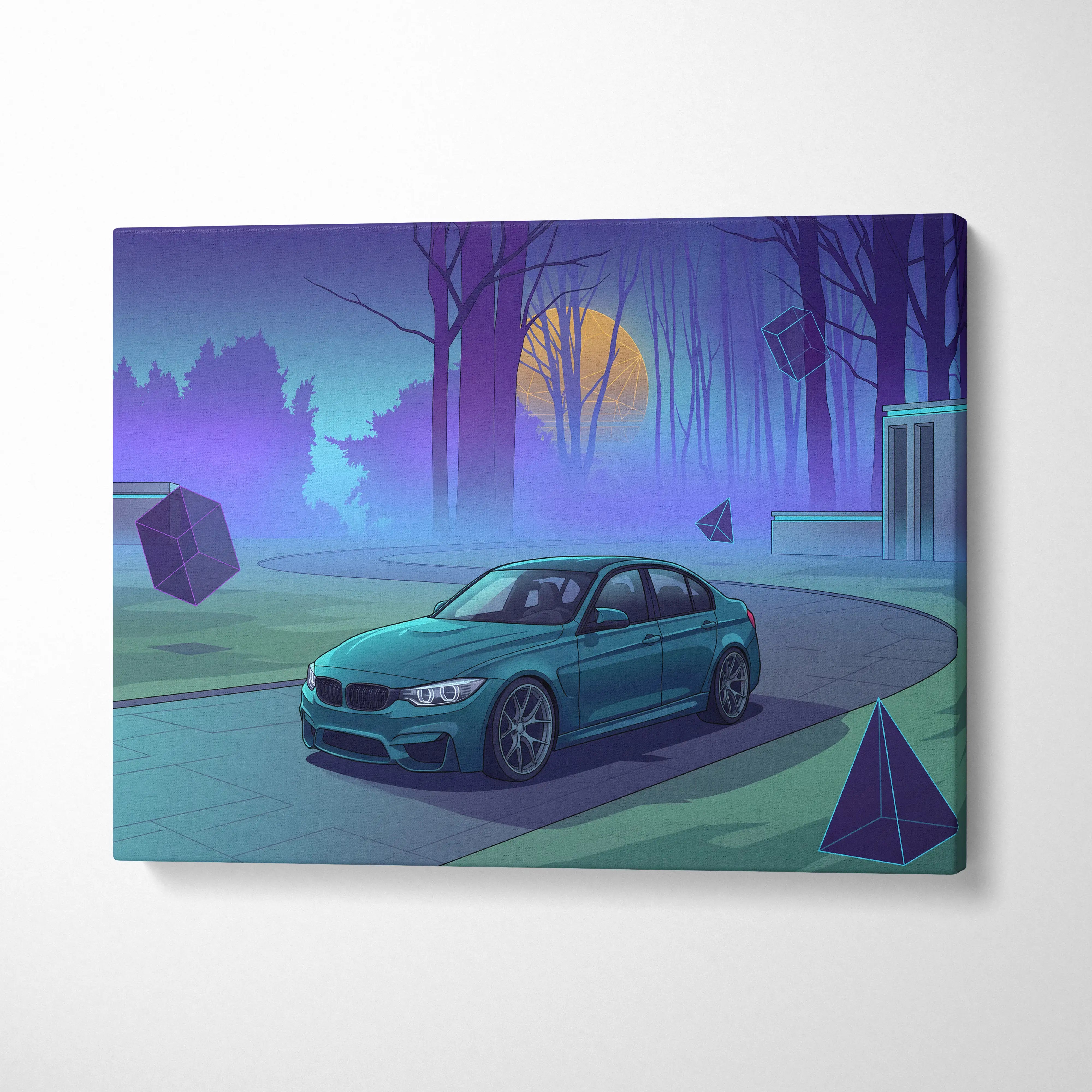 BMW M3 Inspired Teal Purple Canvas Wall Art, Forest Vaporwave Sports Sedan Artwork for Modern Garage Decor