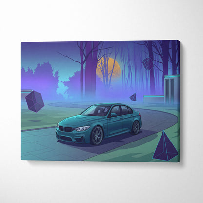 BMW M3 Inspired Teal Purple Canvas Wall Art, Forest Vaporwave Sports Sedan Artwork for Modern Garage Decor