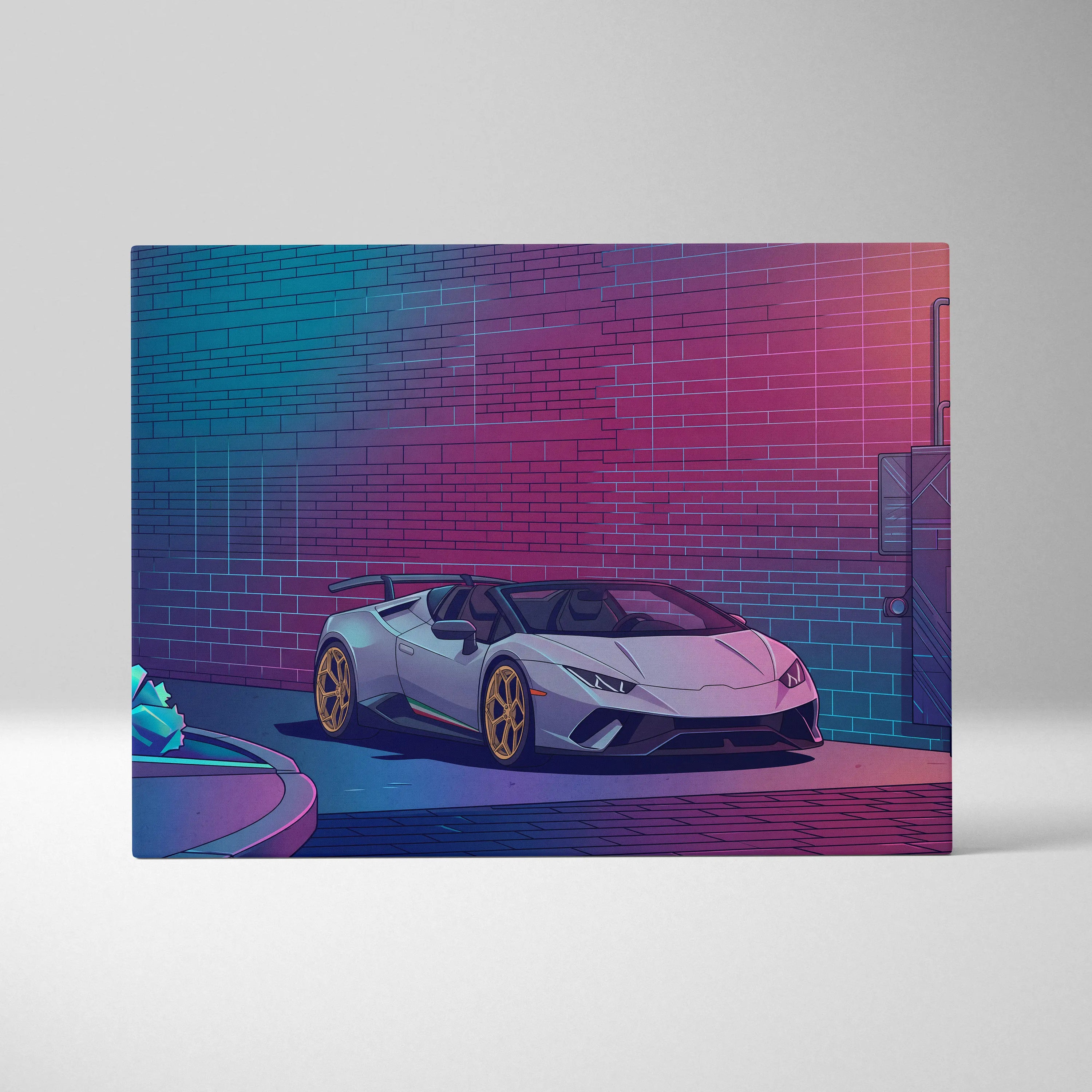 Lamborghini Huracan Spyder Inspired White Purple Canvas Wall Art, Neon Vaporwave Supercar Artwork for Modern Garage Decor