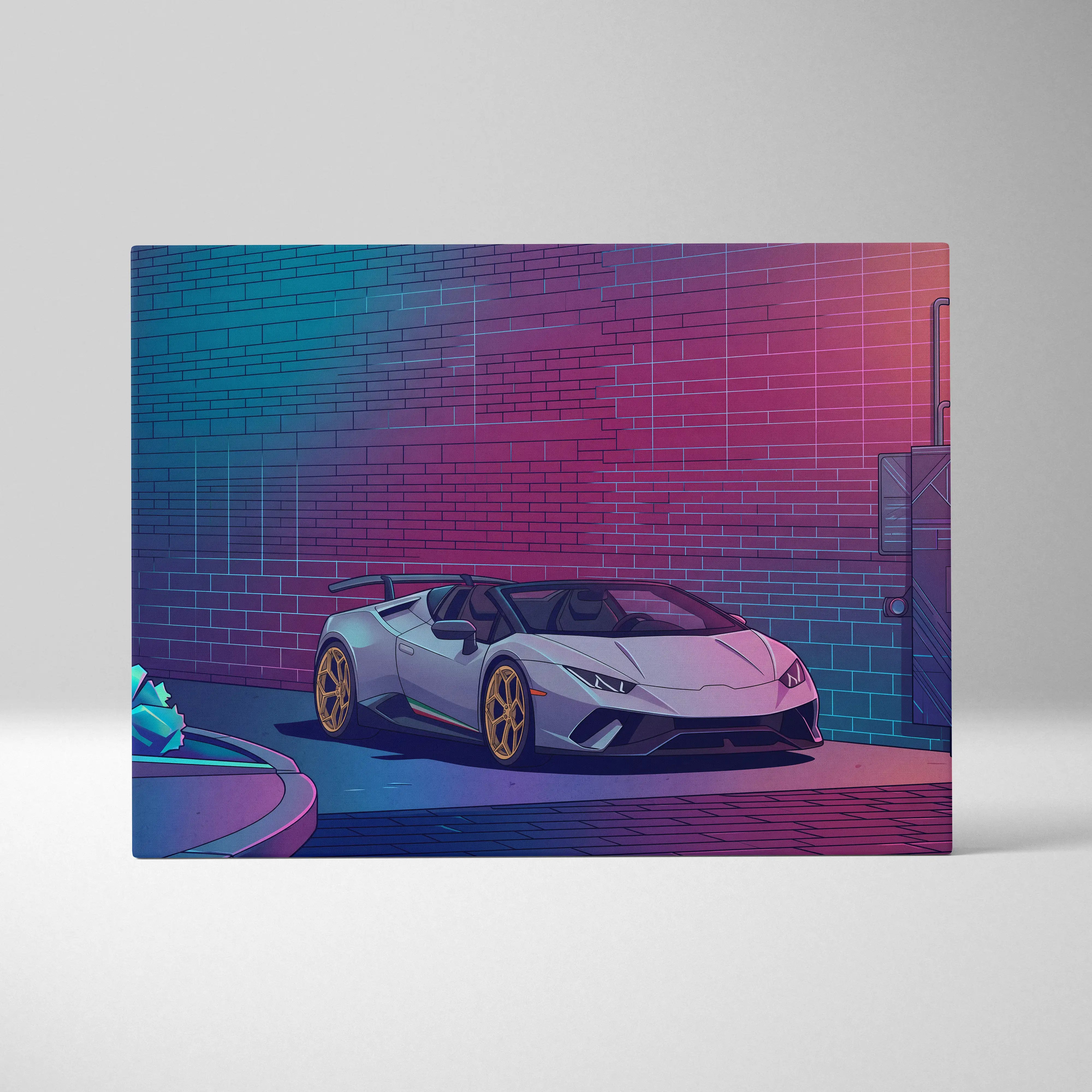 Lamborghini Huracan Spyder Inspired White Purple Canvas Wall Art, Neon Vaporwave Supercar Artwork for Modern Garage Decor