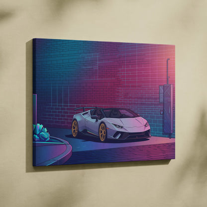 Lamborghini Huracan Spyder Inspired White Purple Canvas Wall Art, Neon Vaporwave Supercar Artwork for Modern Garage Decor