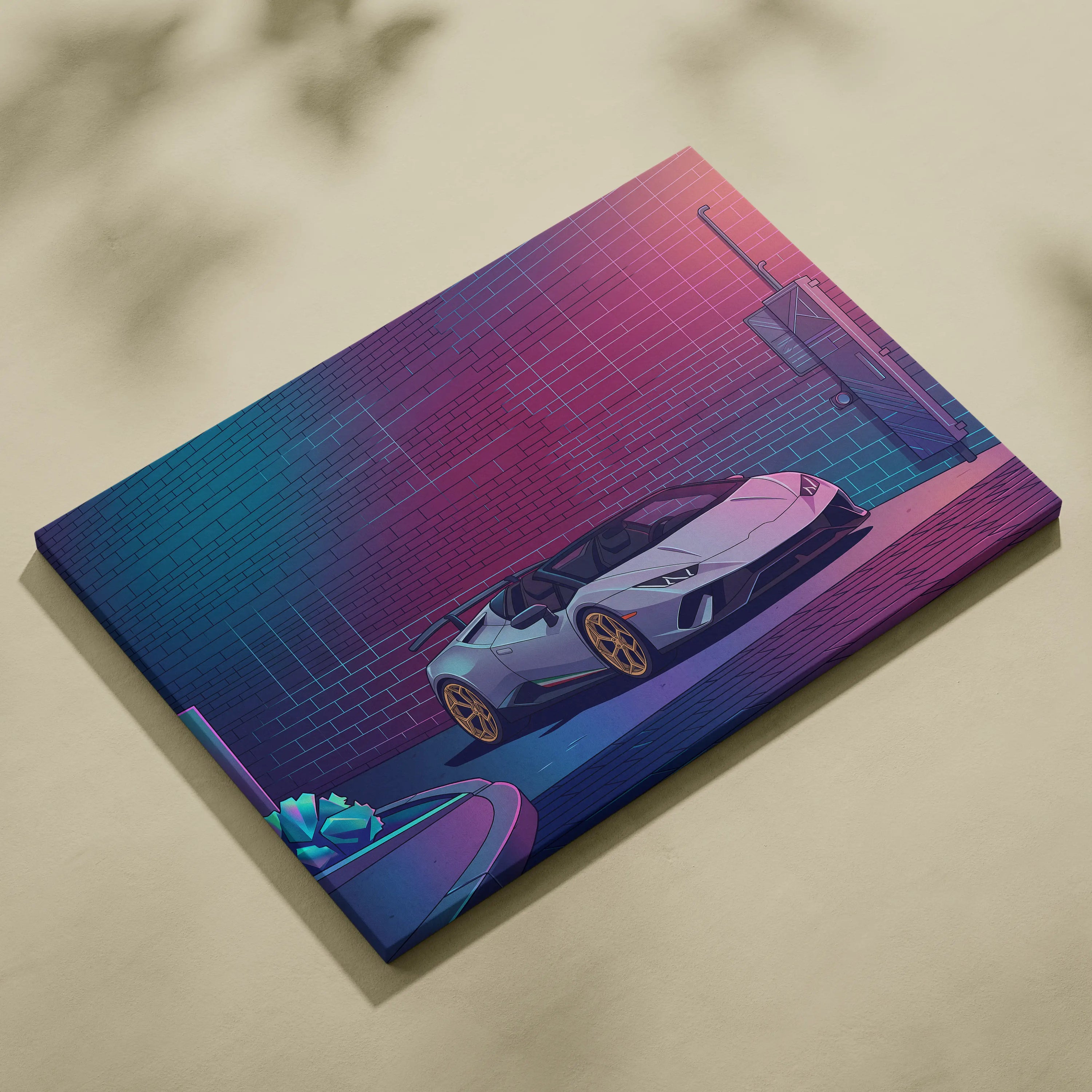 Lamborghini Huracan Spyder Inspired White Purple Canvas Wall Art, Neon Vaporwave Supercar Artwork for Modern Garage Decor