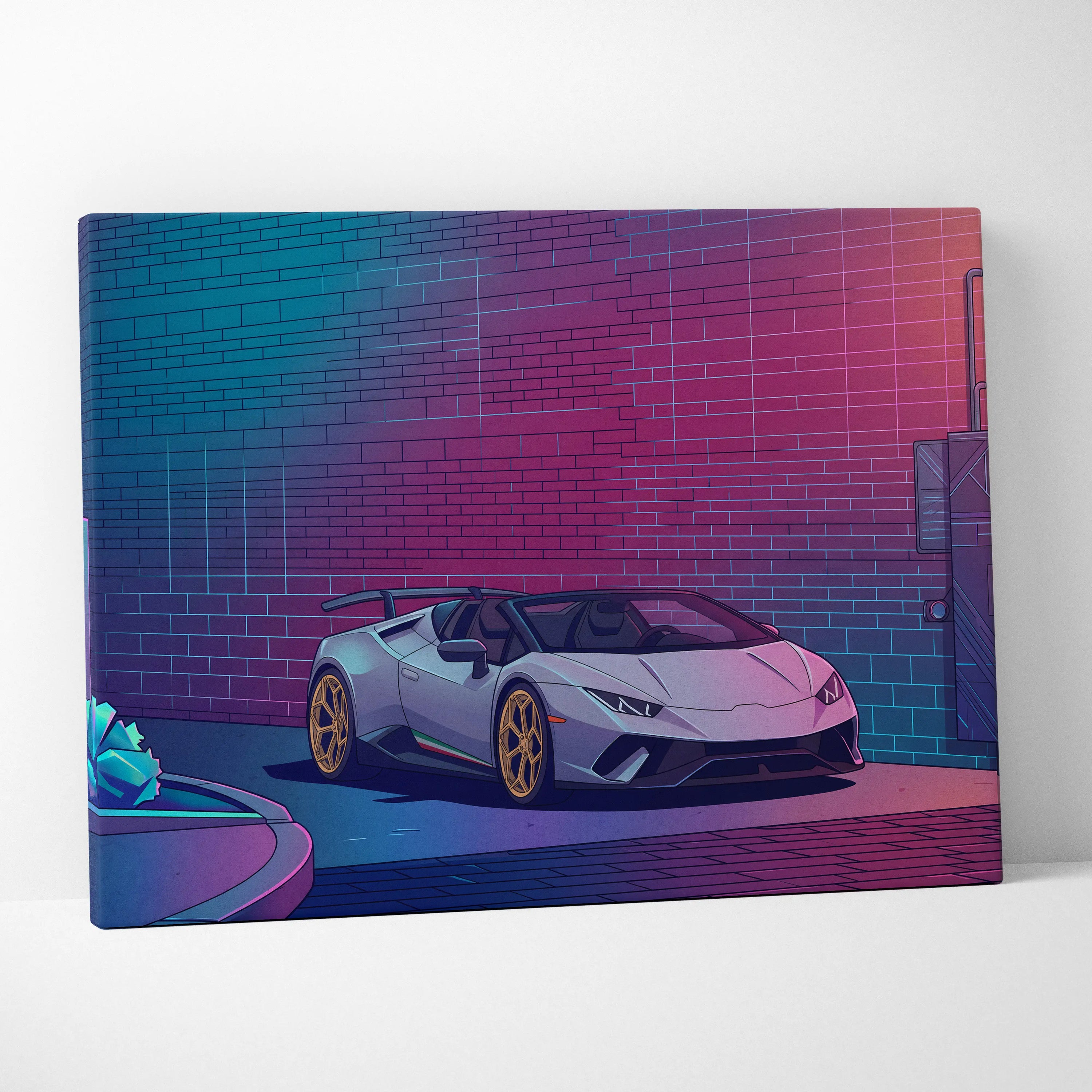 Lamborghini Huracan Spyder Inspired White Purple Canvas Wall Art, Neon Vaporwave Supercar Artwork for Modern Garage Decor