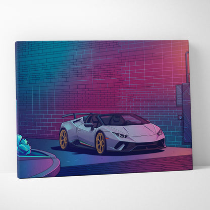 Lamborghini Huracan Spyder Inspired White Purple Canvas Wall Art, Neon Vaporwave Supercar Artwork for Modern Garage Decor
