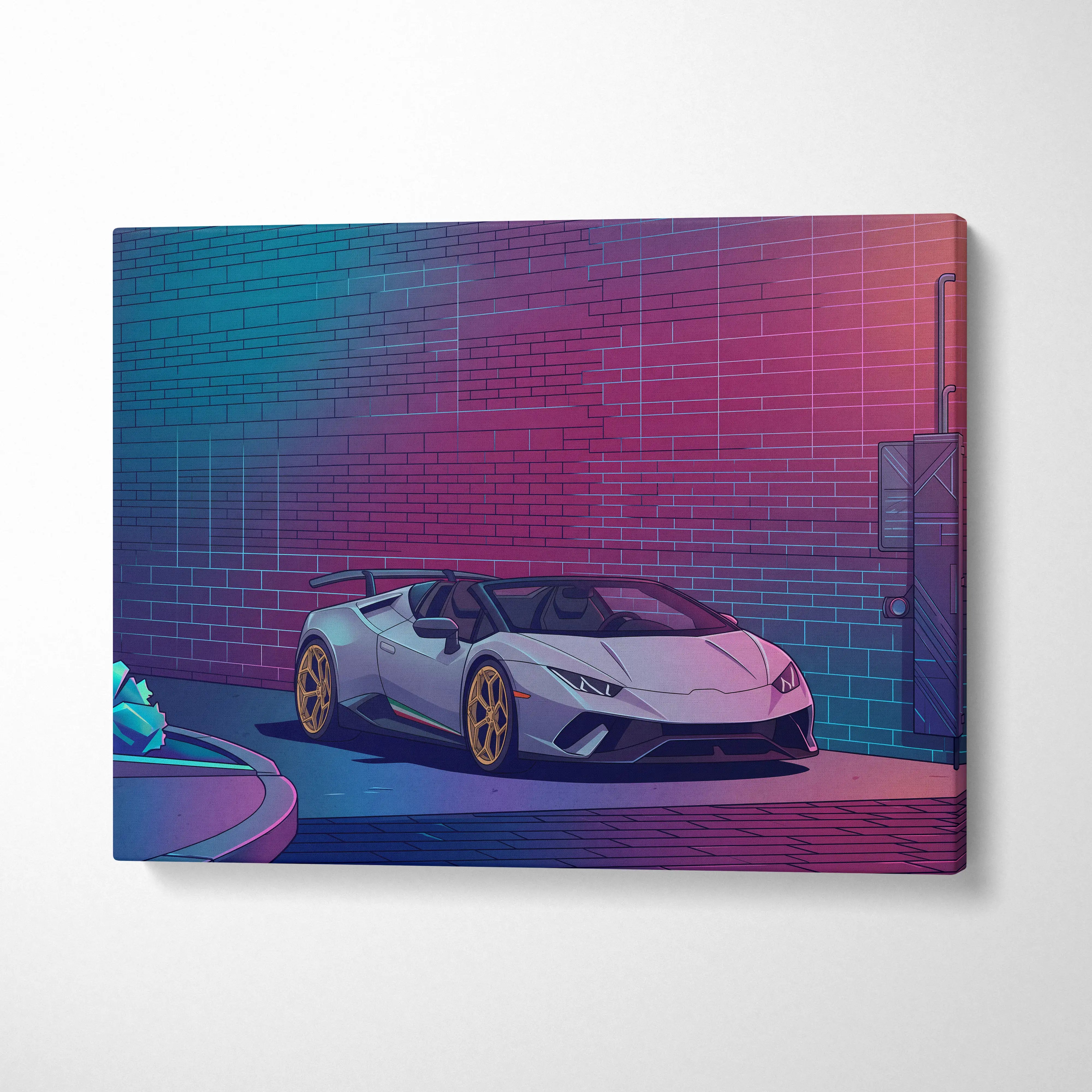 Lamborghini Huracan Spyder Inspired White Purple Canvas Wall Art, Neon Vaporwave Supercar Artwork for Modern Garage Decor