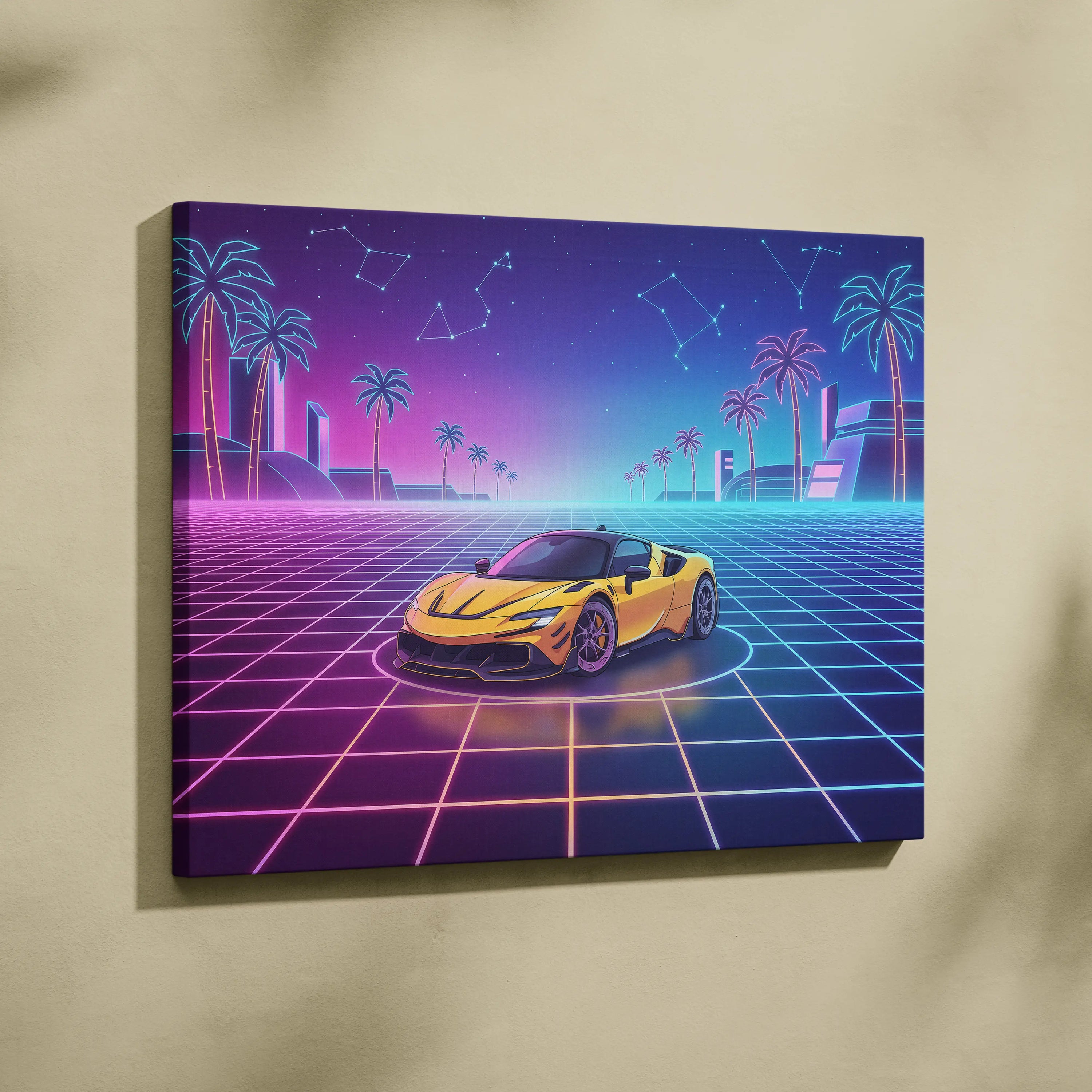Ferrari SF90 Stradale Inspired Canvas Wall Art - Vaporwave Exotic Hybrid Supercar Decor with Neon Performance Style