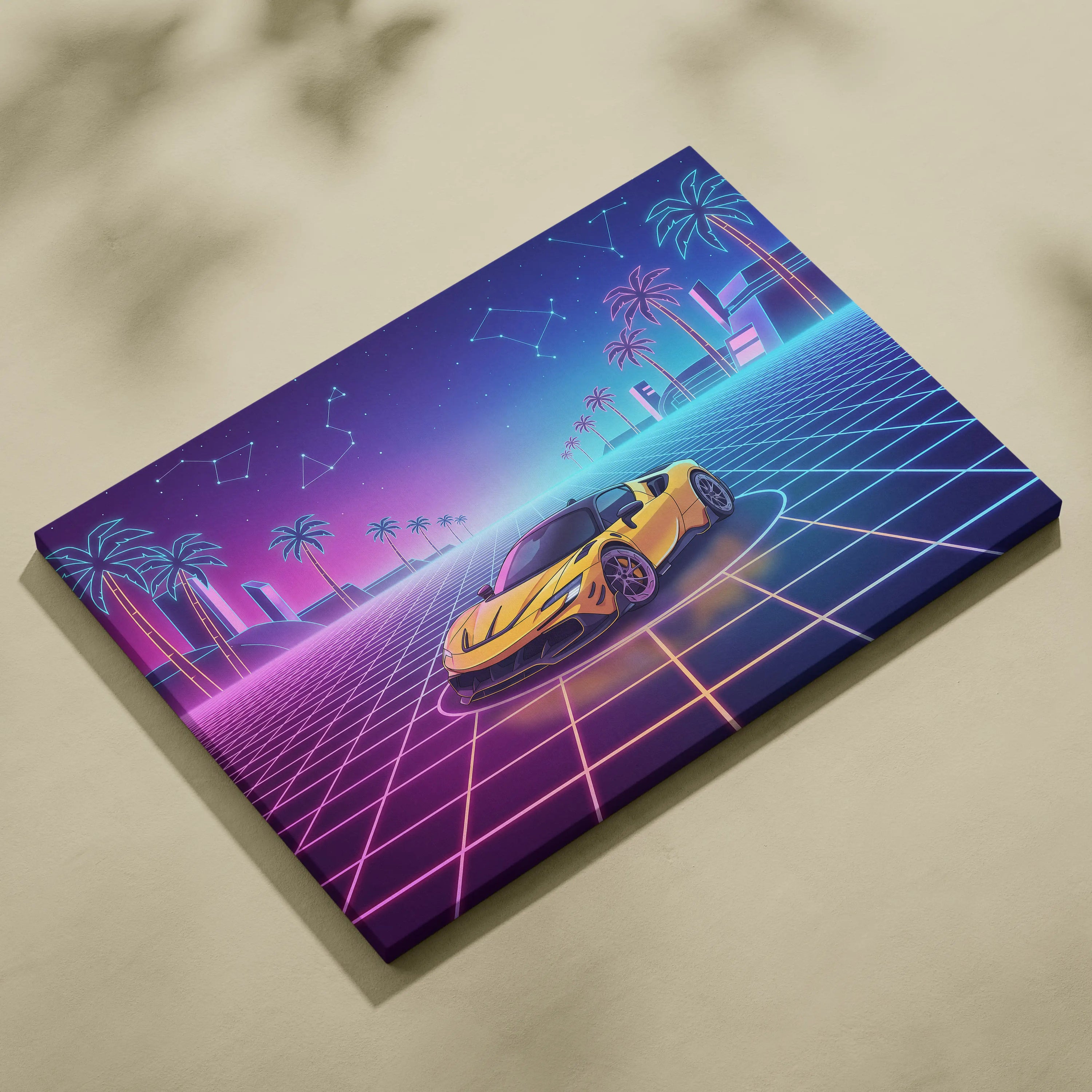 Ferrari SF90 Stradale Inspired Canvas Wall Art - Vaporwave Exotic Hybrid Supercar Decor with Neon Performance Style