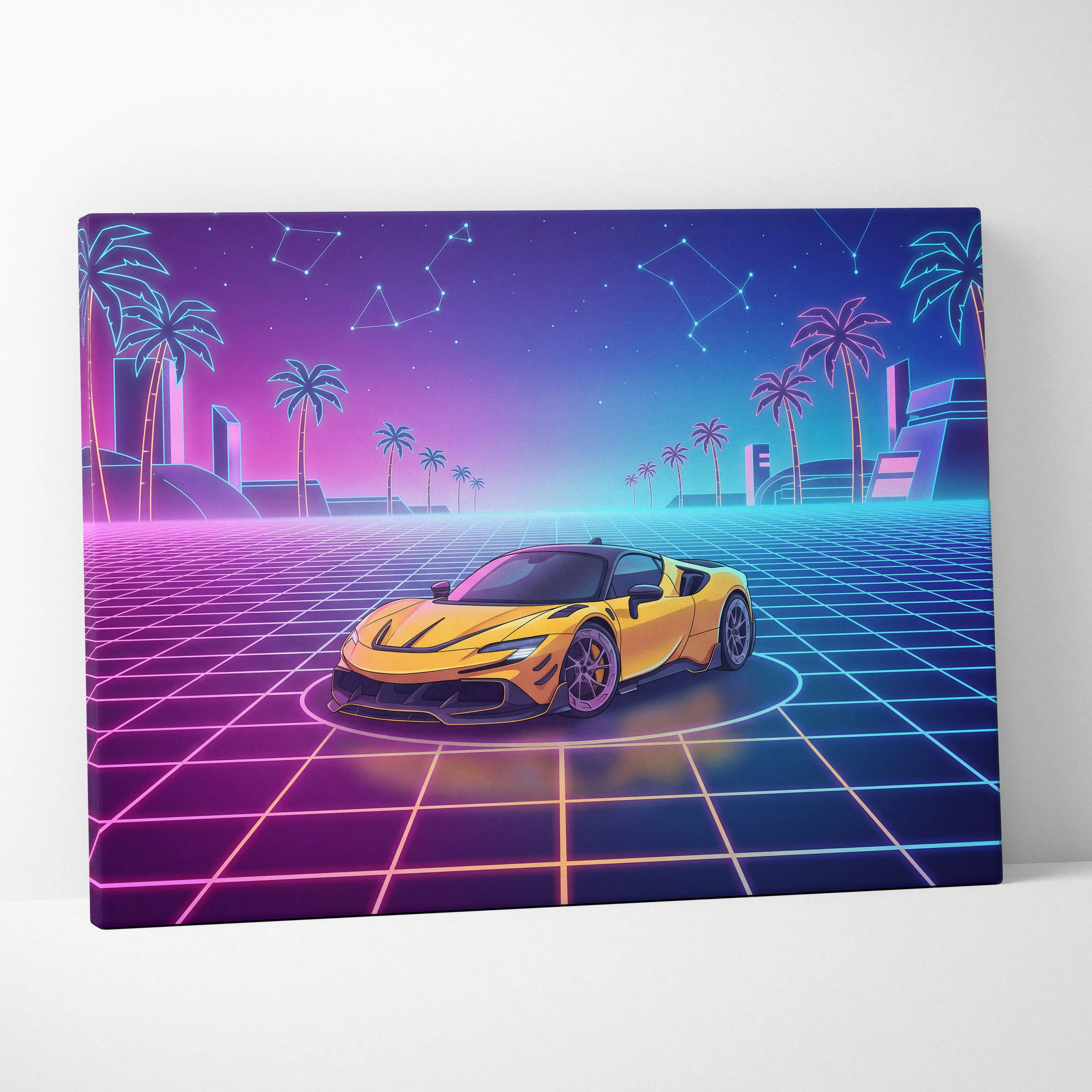 Ferrari SF90 Stradale Inspired Canvas Wall Art - Vaporwave Exotic Hybrid Supercar Decor with Neon Performance Style