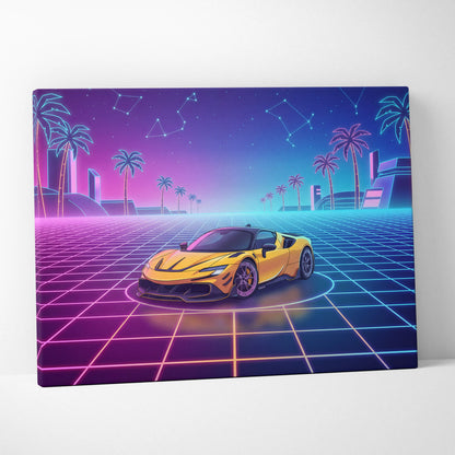 Ferrari SF90 Stradale Inspired Canvas Wall Art - Vaporwave Exotic Hybrid Supercar Decor with Neon Performance Style