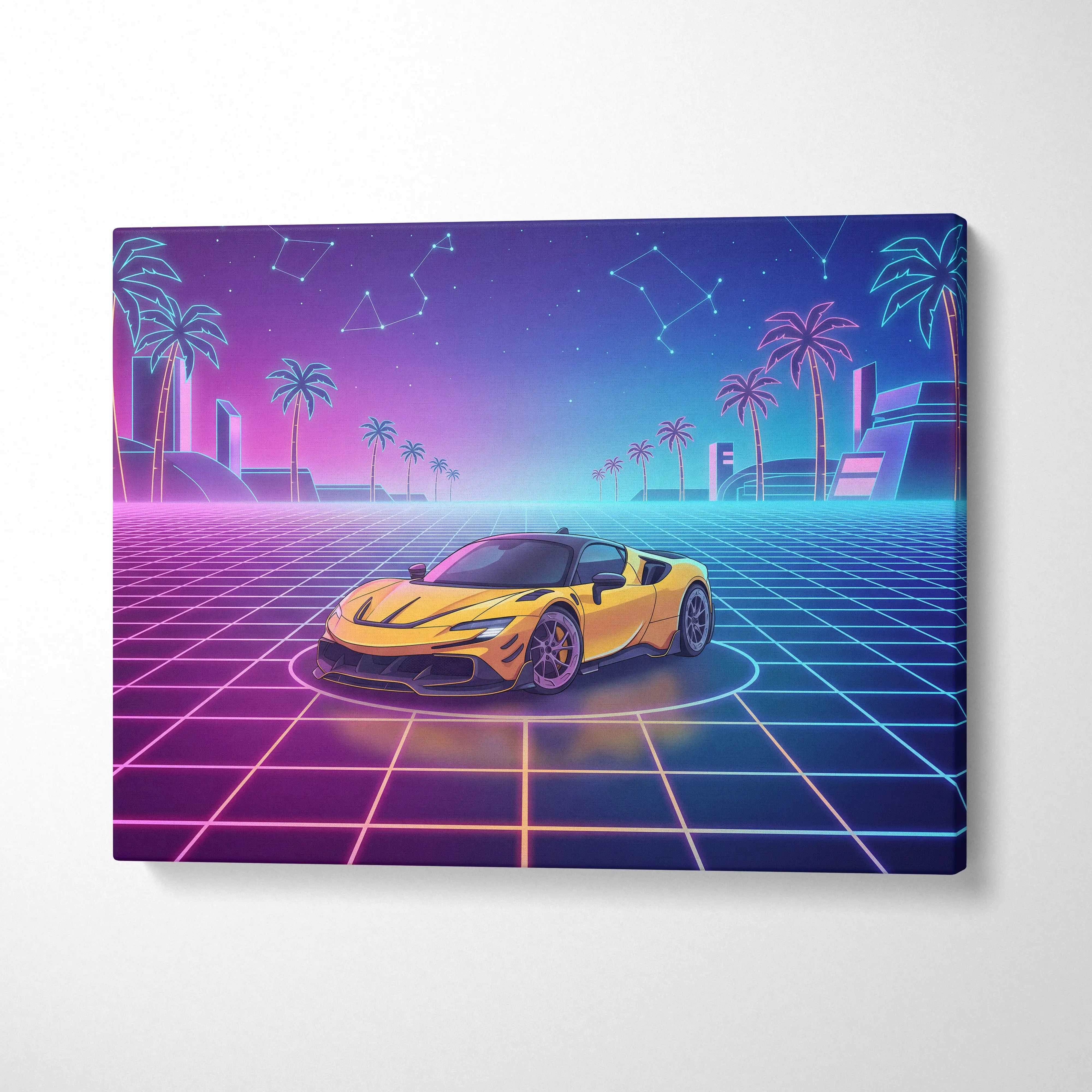 Ferrari SF90 Stradale Inspired Canvas Wall Art - Vaporwave Exotic Hybrid Supercar Decor with Neon Performance Style