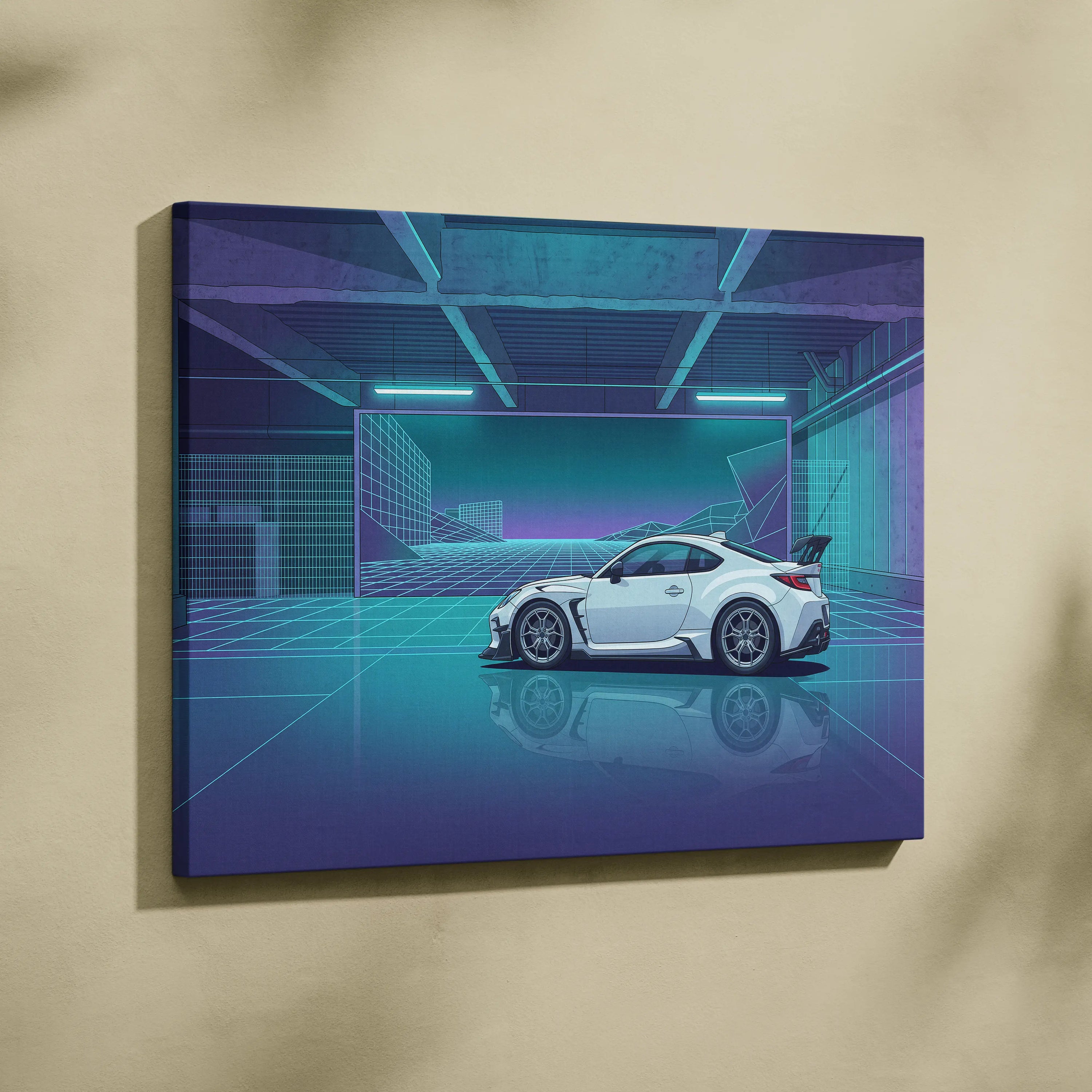 Toyota GR86 Inspired White Teal Canvas Wall Art Vaporwave Sports Car Artwork Neon Cyberpunk Garage Decor Retro Futuristic JDM City Print