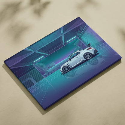 Toyota GR86 Inspired White Teal Canvas Wall Art Vaporwave Sports Car Artwork Neon Cyberpunk Garage Decor Retro Futuristic JDM City Print