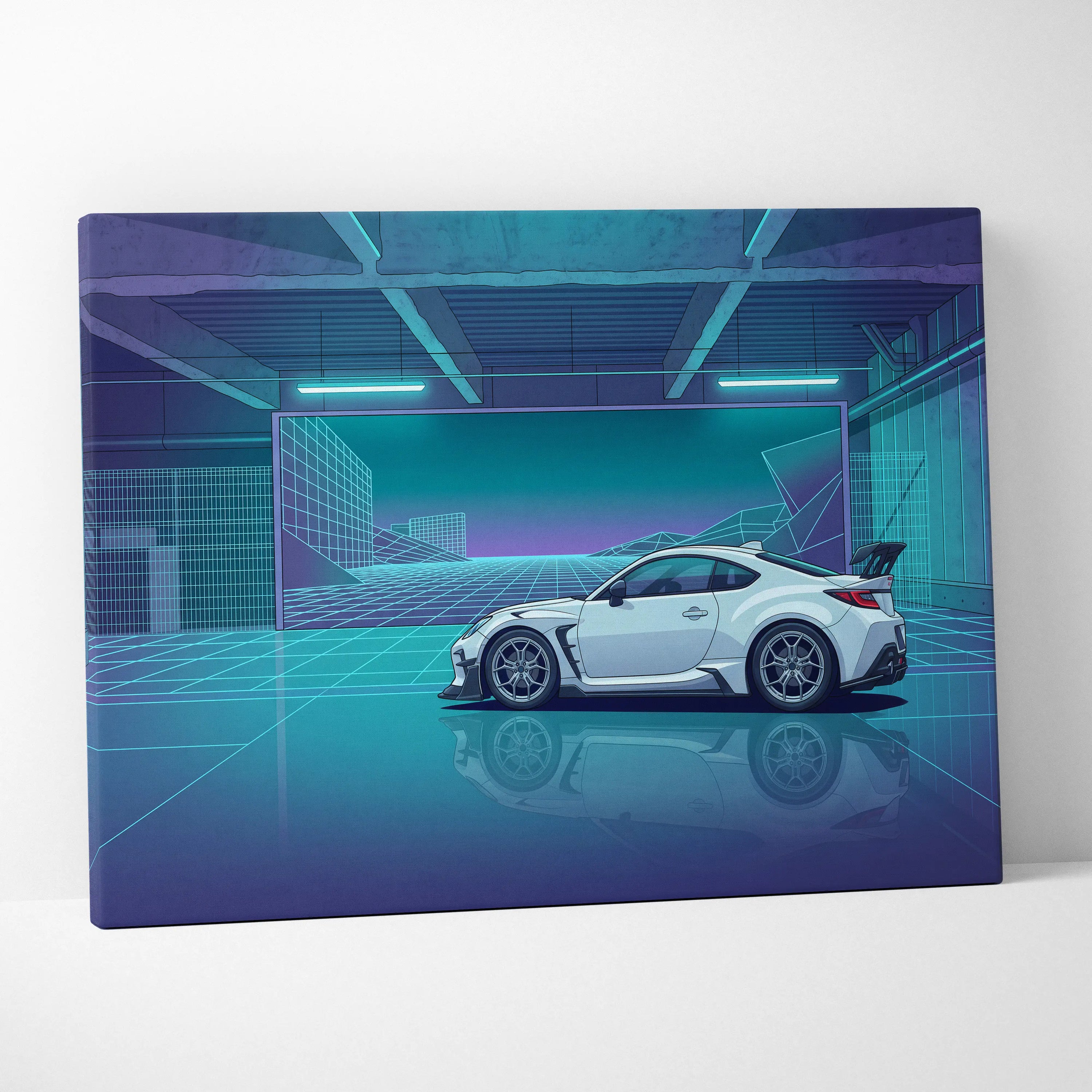 Toyota GR86 Inspired White Teal Canvas Wall Art Vaporwave Sports Car Artwork Neon Cyberpunk Garage Decor Retro Futuristic JDM City Print