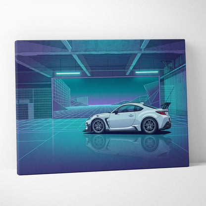 Toyota GR86 Inspired White Teal Canvas Wall Art Vaporwave Sports Car Artwork Neon Cyberpunk Garage Decor Retro Futuristic JDM City Print