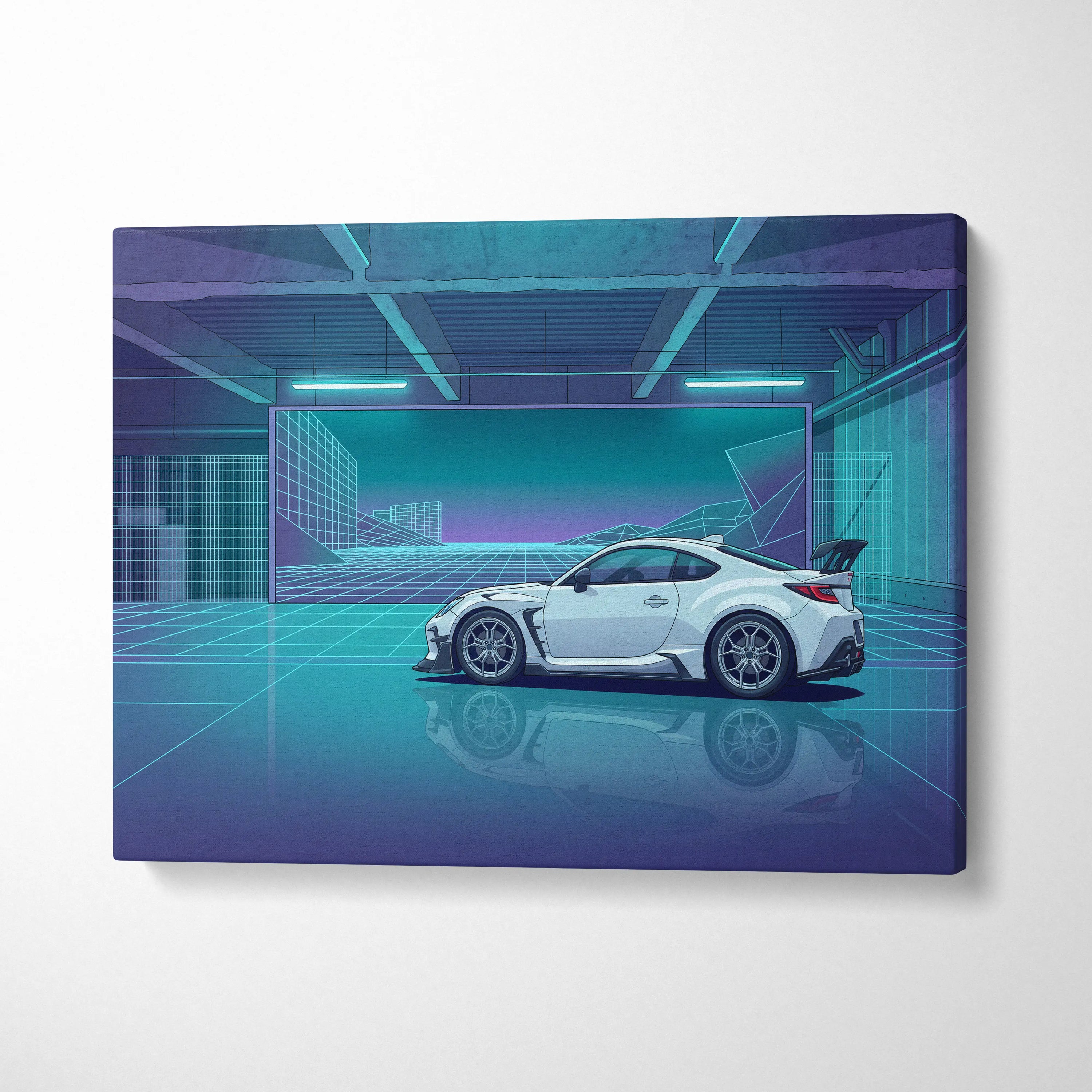 Toyota GR86 Inspired White Teal Canvas Wall Art Vaporwave Sports Car Artwork Neon Cyberpunk Garage Decor Retro Futuristic JDM City Print