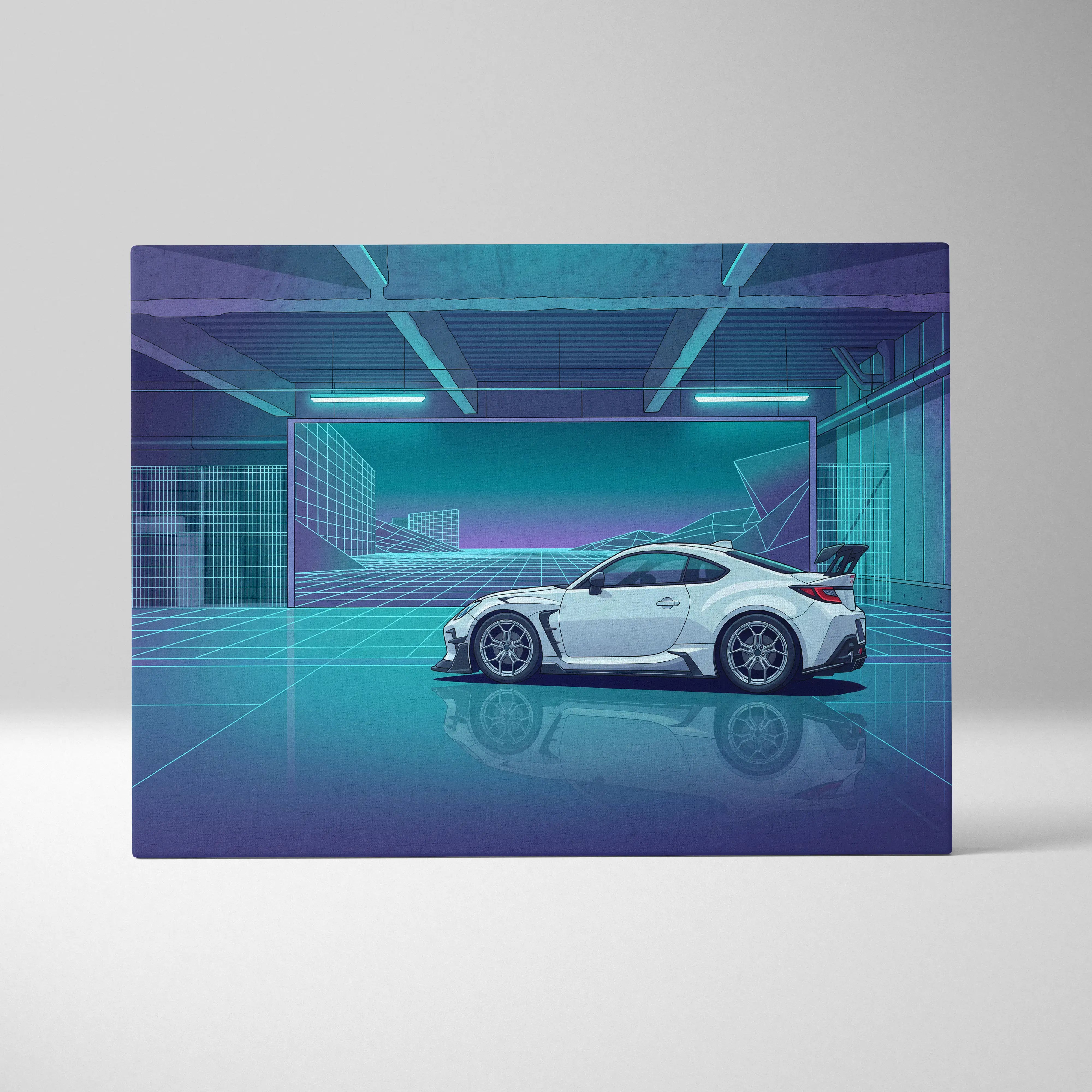 Toyota GR86 Inspired White Teal Canvas Wall Art Vaporwave Sports Car Artwork Neon Cyberpunk Garage Decor Retro Futuristic JDM City Print
