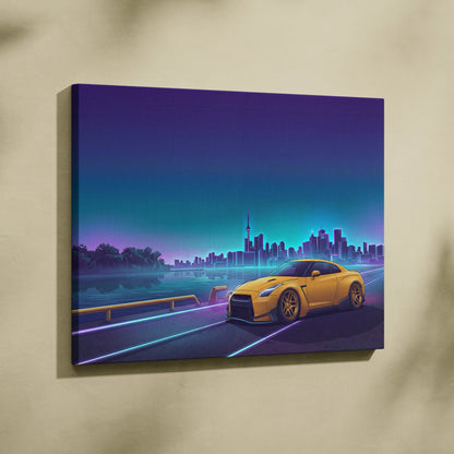 Nissan GT-R R35 Inspired Yellow Teal Canvas Wall Art Vaporwave JDM Supercar Artwork Neon Skyline Garage Decor Retro Futuristic Night Print