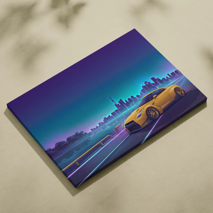 Nissan GT-R R35 Inspired Yellow Teal Canvas Wall Art Vaporwave JDM Supercar Artwork Neon Skyline Garage Decor Retro Futuristic Night Print