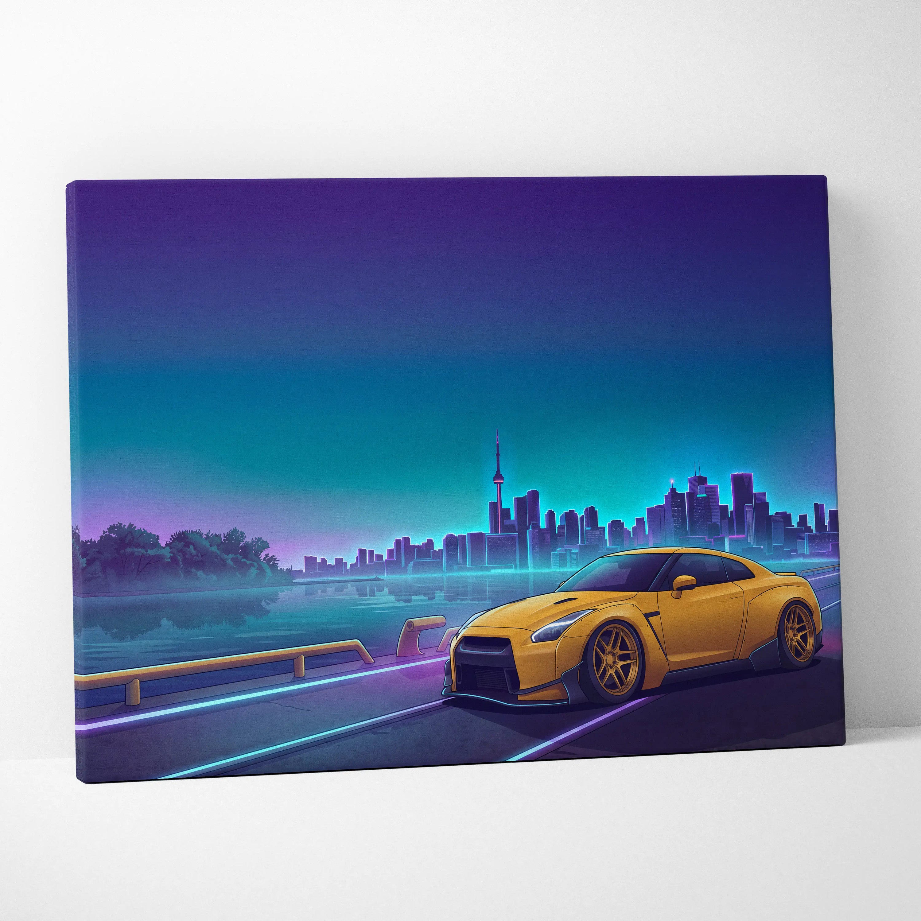 Nissan GT-R R35 Inspired Yellow Teal Canvas Wall Art Vaporwave JDM Supercar Artwork Neon Skyline Garage Decor Retro Futuristic Night Print