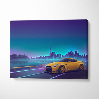 Nissan GT-R R35 Inspired Yellow Teal Canvas Wall Art Vaporwave JDM Supercar Artwork Neon Skyline Garage Decor Retro Futuristic Night Print