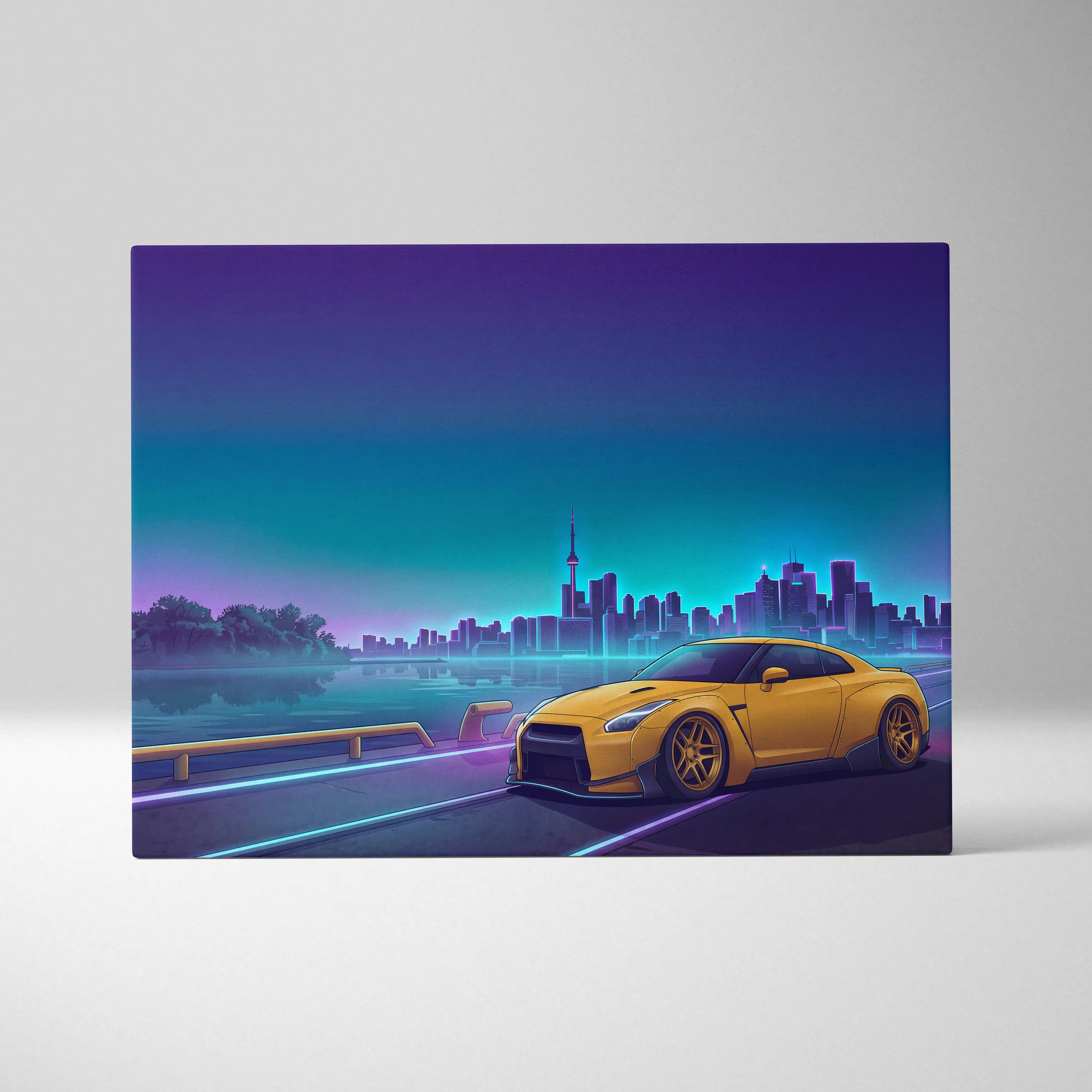 Nissan GT-R R35 Inspired Yellow Teal Canvas Wall Art Vaporwave JDM Supercar Artwork Neon Skyline Garage Decor Retro Futuristic Night Print