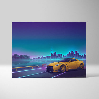 Nissan GT-R R35 Inspired Yellow Teal Canvas Wall Art Vaporwave JDM Supercar Artwork Neon Skyline Garage Decor Retro Futuristic Night Print