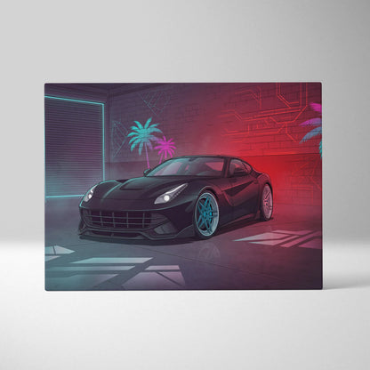 Ferrari F12 Inspired Black Red Canvas Wall Art, Vaporwave Sports Car Artwork, Neon Palm Garage Decor, Retro Futuristic Exotic Car Print