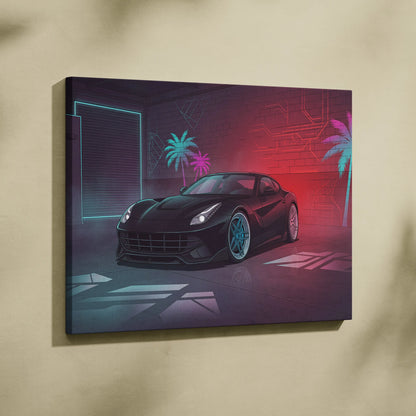 Ferrari F12 Inspired Black Red Canvas Wall Art, Vaporwave Sports Car Artwork, Neon Palm Garage Decor, Retro Futuristic Exotic Car Print