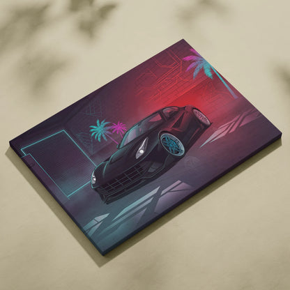 Ferrari F12 Inspired Black Red Canvas Wall Art, Vaporwave Sports Car Artwork, Neon Palm Garage Decor, Retro Futuristic Exotic Car Print