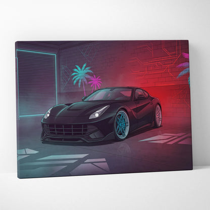 Ferrari F12 Inspired Black Red Canvas Wall Art, Vaporwave Sports Car Artwork, Neon Palm Garage Decor, Retro Futuristic Exotic Car Print
