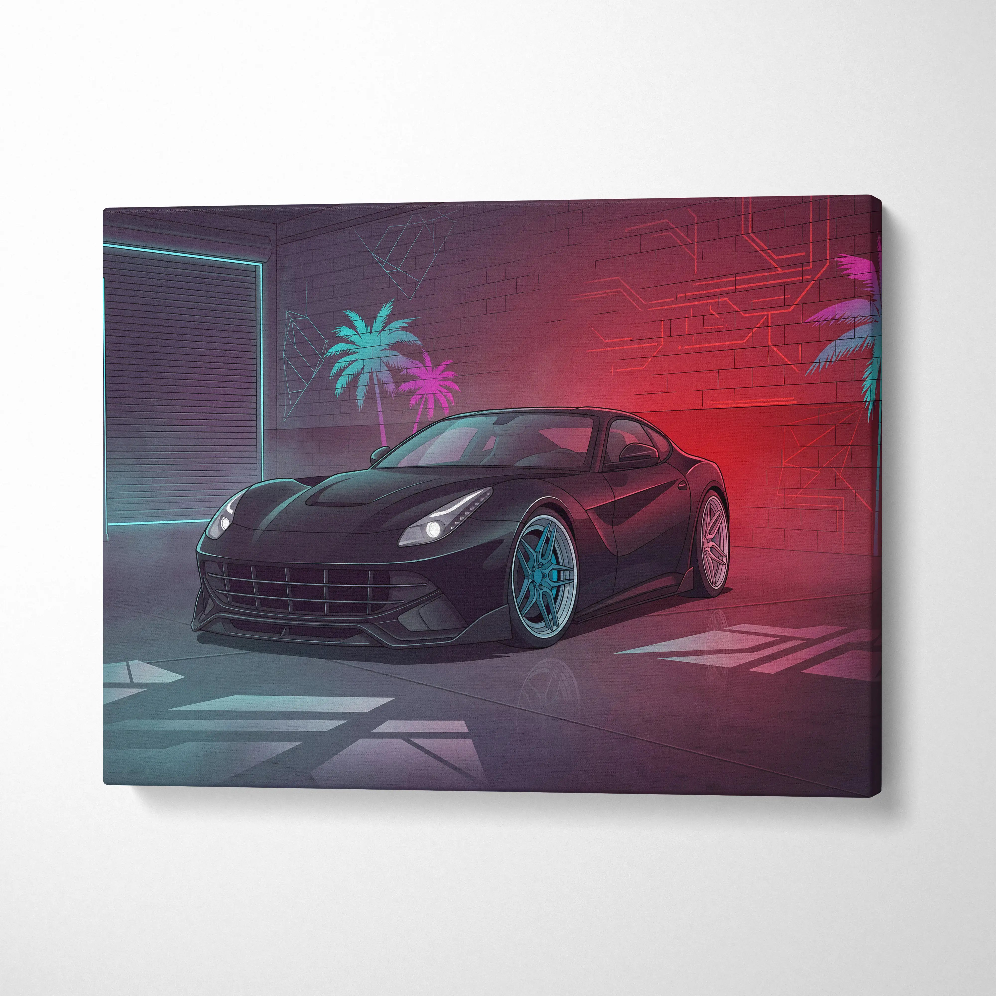 Ferrari F12 Inspired Black Red Canvas Wall Art, Vaporwave Sports Car Artwork, Neon Palm Garage Decor, Retro Futuristic Exotic Car Print
