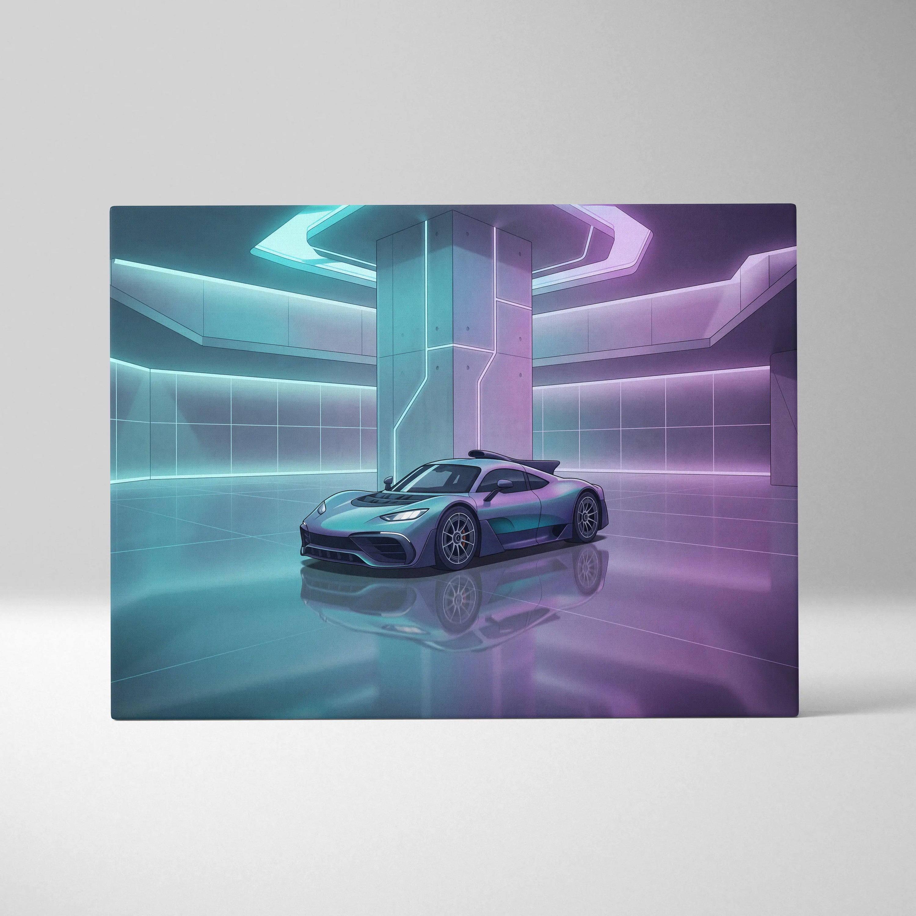 Mercedes-AMG One Inspired Silver Purple Canvas Wall Art, Pastel Vaporwave Hypercar Artwork for Futuristic Garage Decor