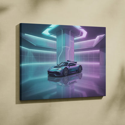 Mercedes-AMG One Inspired Silver Purple Canvas Wall Art, Pastel Vaporwave Hypercar Artwork for Futuristic Garage Decor