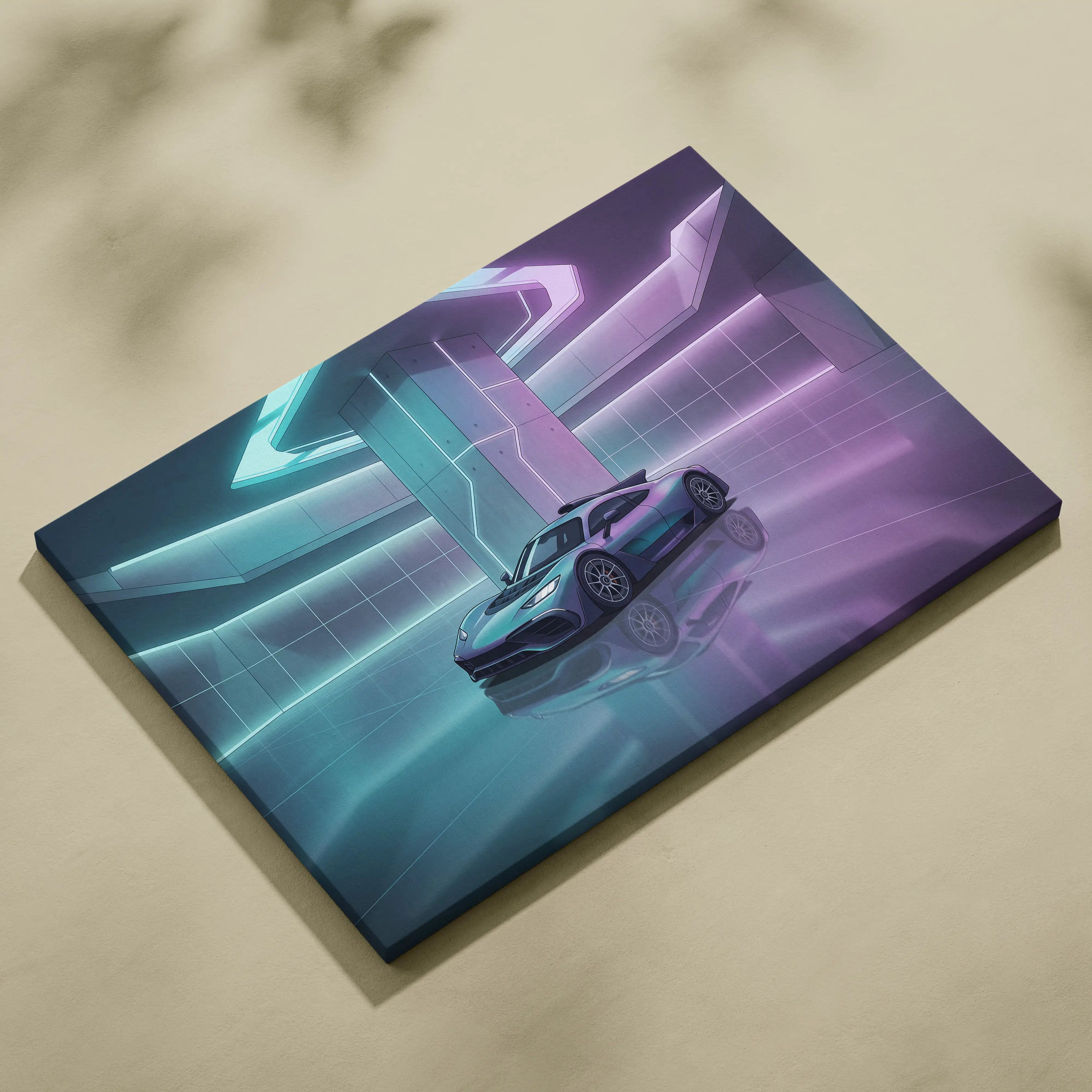 Mercedes-AMG One Inspired Silver Purple Canvas Wall Art, Pastel Vaporwave Hypercar Artwork for Futuristic Garage Decor