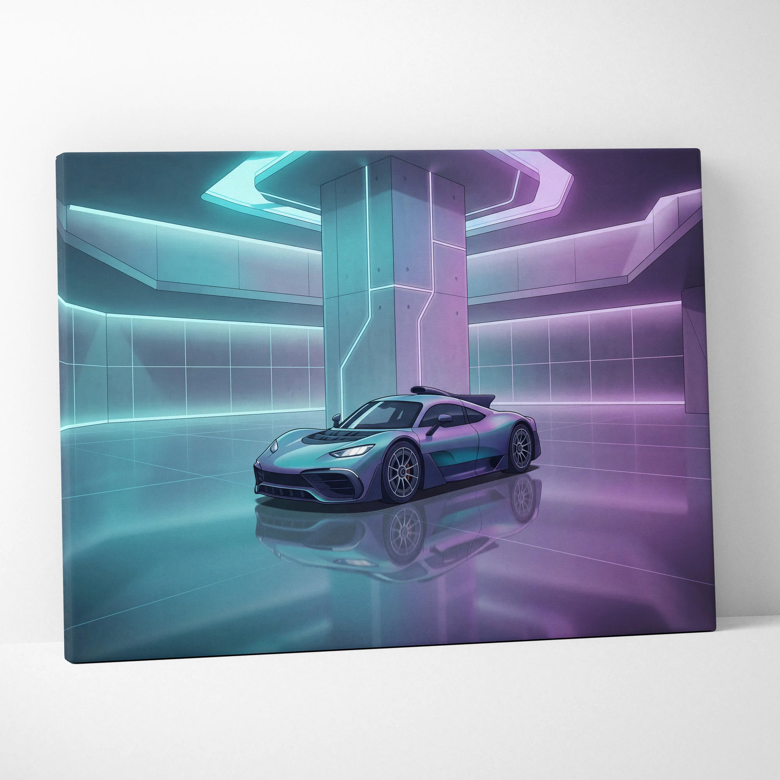 Mercedes-AMG One Inspired Silver Purple Canvas Wall Art, Pastel Vaporwave Hypercar Artwork for Futuristic Garage Decor