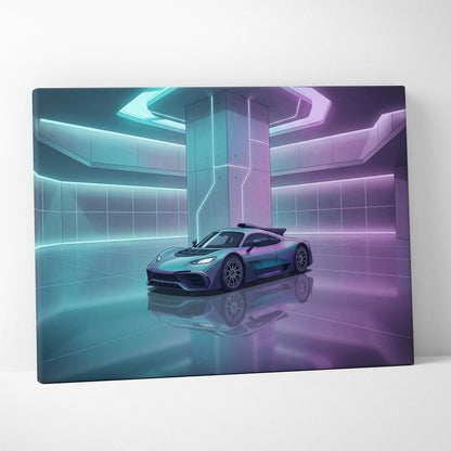 Mercedes-AMG One Inspired Silver Purple Canvas Wall Art, Pastel Vaporwave Hypercar Artwork for Futuristic Garage Decor
