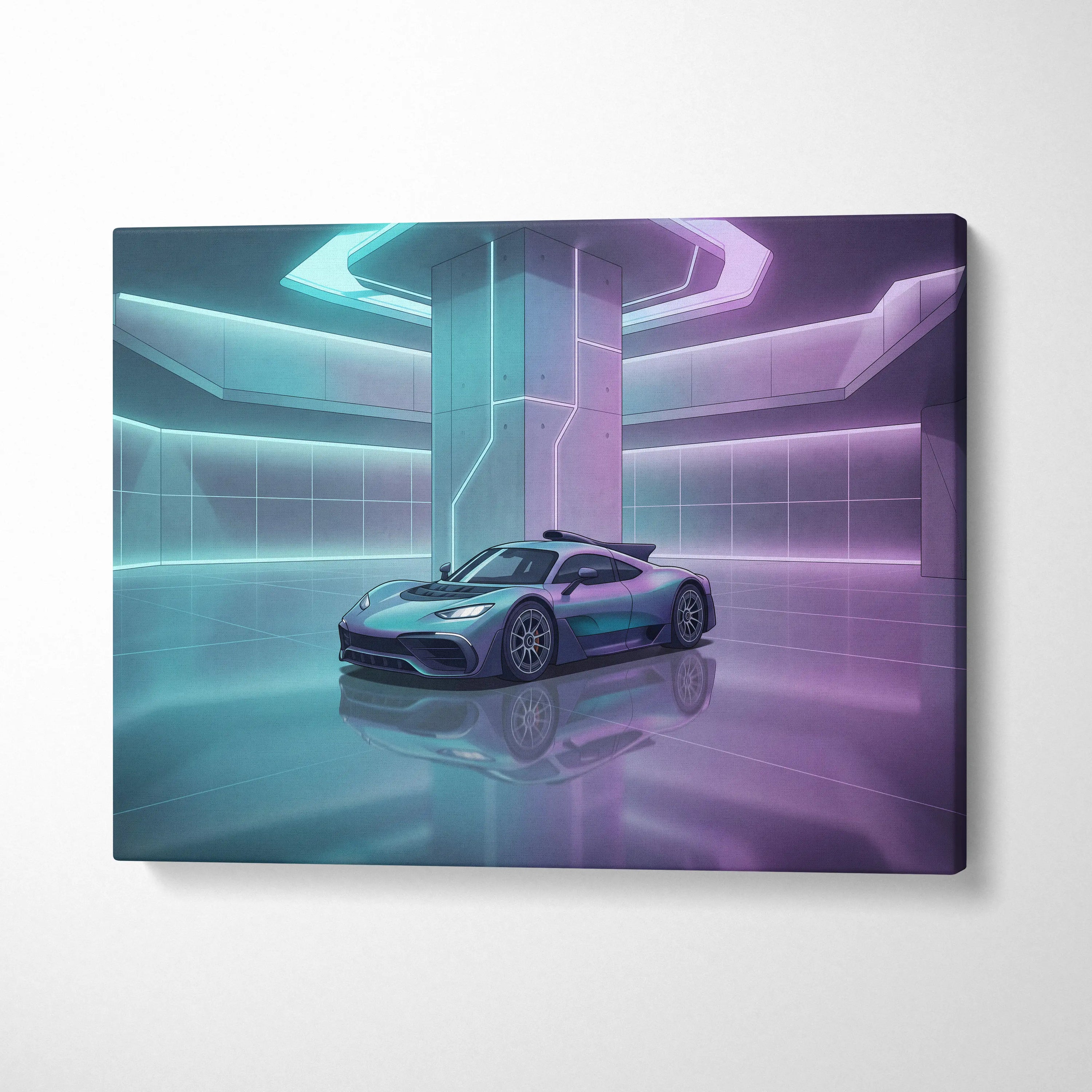 Mercedes-AMG One Inspired Silver Purple Canvas Wall Art, Pastel Vaporwave Hypercar Artwork for Futuristic Garage Decor
