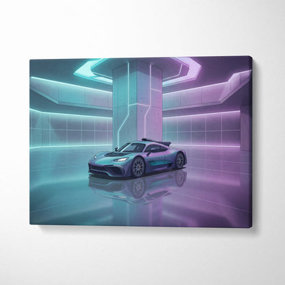 Mercedes-AMG One Inspired Silver Purple Canvas Wall Art, Pastel Vaporwave Hypercar Artwork for Futuristic Garage Decor