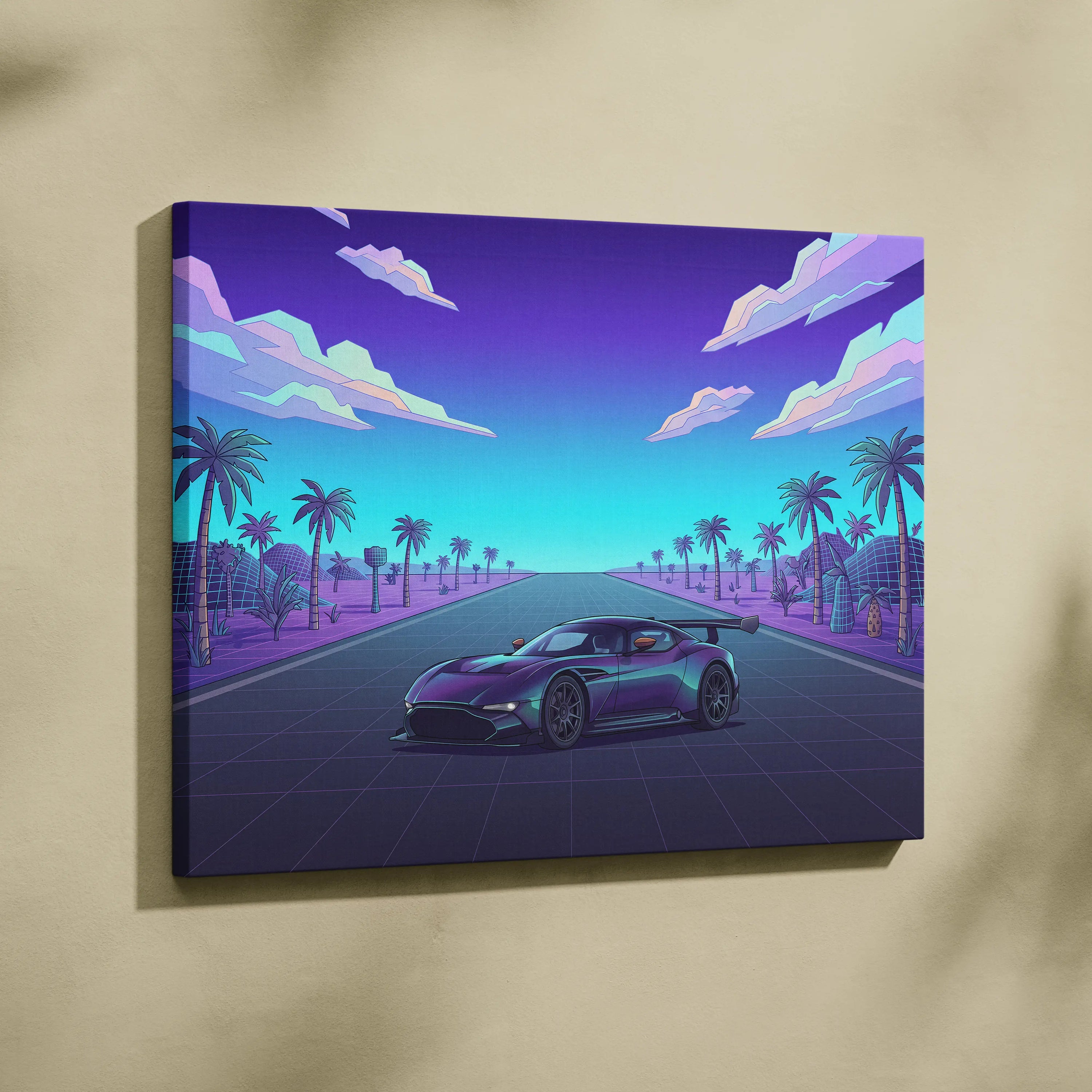 Aston Martin Vulcan Inspired Black Purple Canvas Wall Art Vaporwave Hypercar Artwork Neon Palm Road Garage Decor Retro Futuristic Sunset Print