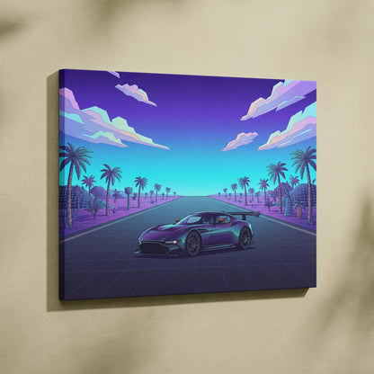 Aston Martin Vulcan Inspired Black Purple Canvas Wall Art Vaporwave Hypercar Artwork Neon Palm Road Garage Decor Retro Futuristic Sunset Print