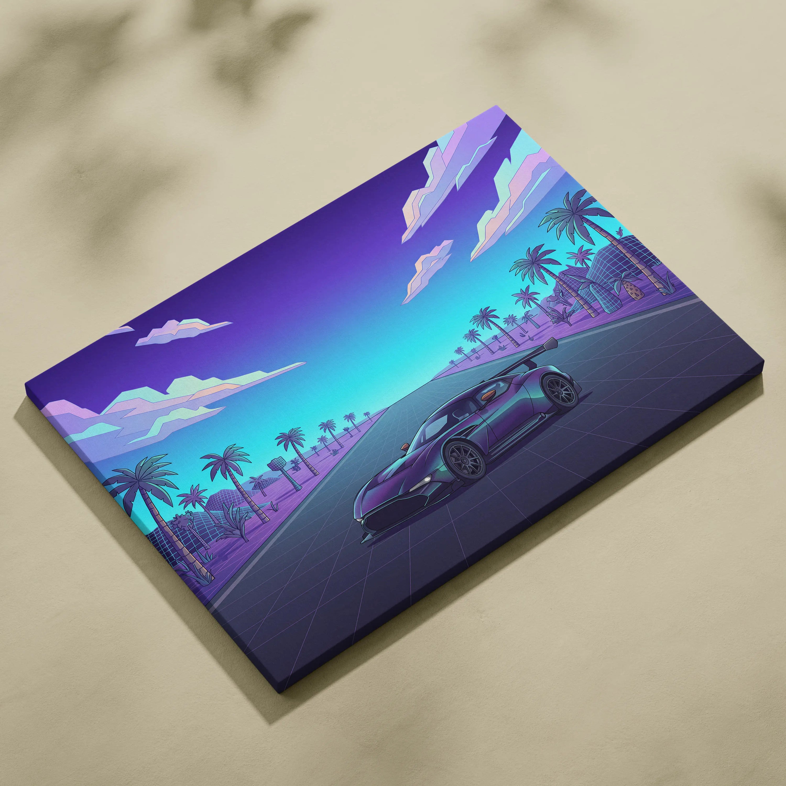 Aston Martin Vulcan Inspired Black Purple Canvas Wall Art Vaporwave Hypercar Artwork Neon Palm Road Garage Decor Retro Futuristic Sunset Print