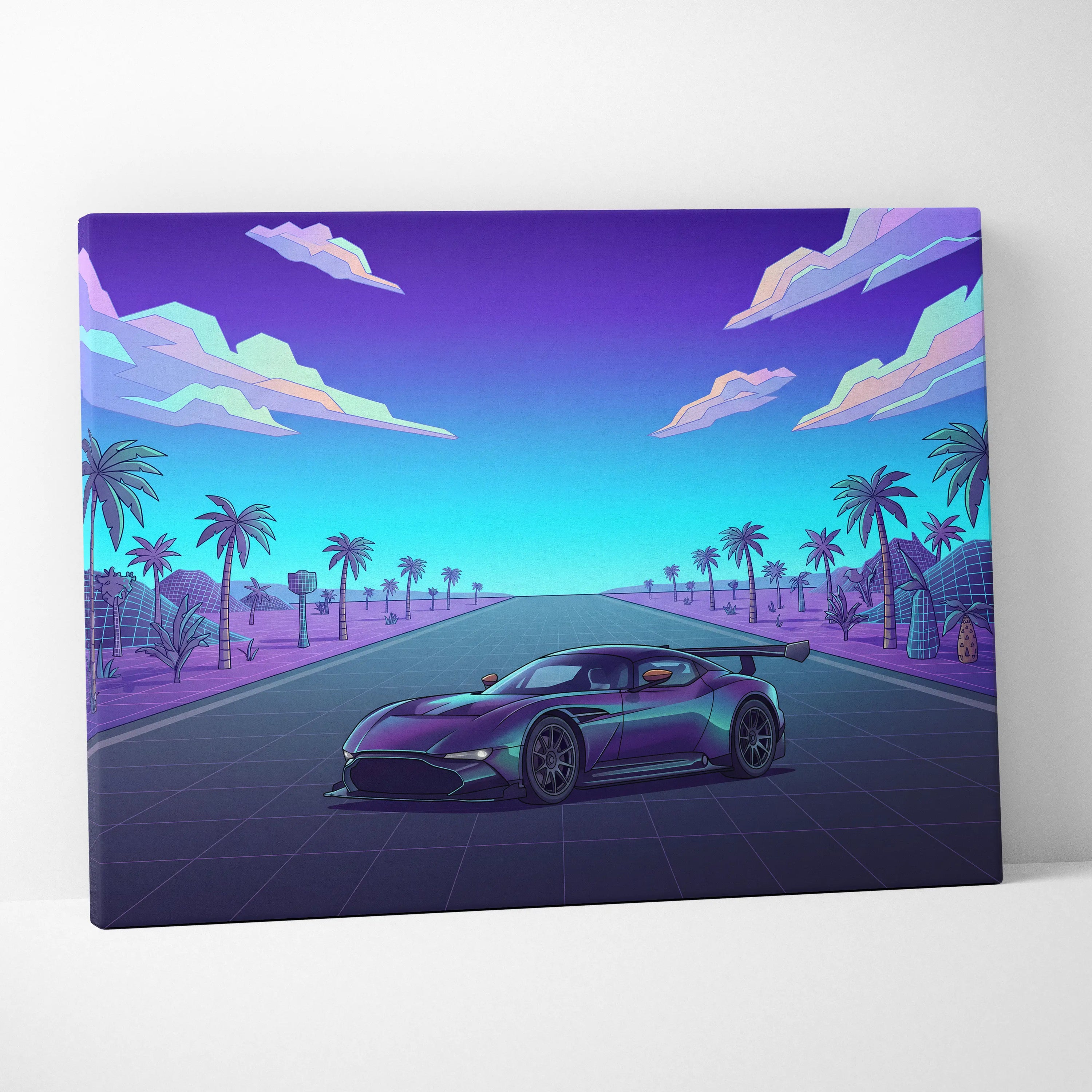 Aston Martin Vulcan Inspired Black Purple Canvas Wall Art Vaporwave Hypercar Artwork Neon Palm Road Garage Decor Retro Futuristic Sunset Print