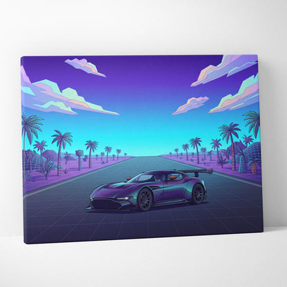 Aston Martin Vulcan Inspired Black Purple Canvas Wall Art Vaporwave Hypercar Artwork Neon Palm Road Garage Decor Retro Futuristic Sunset Print