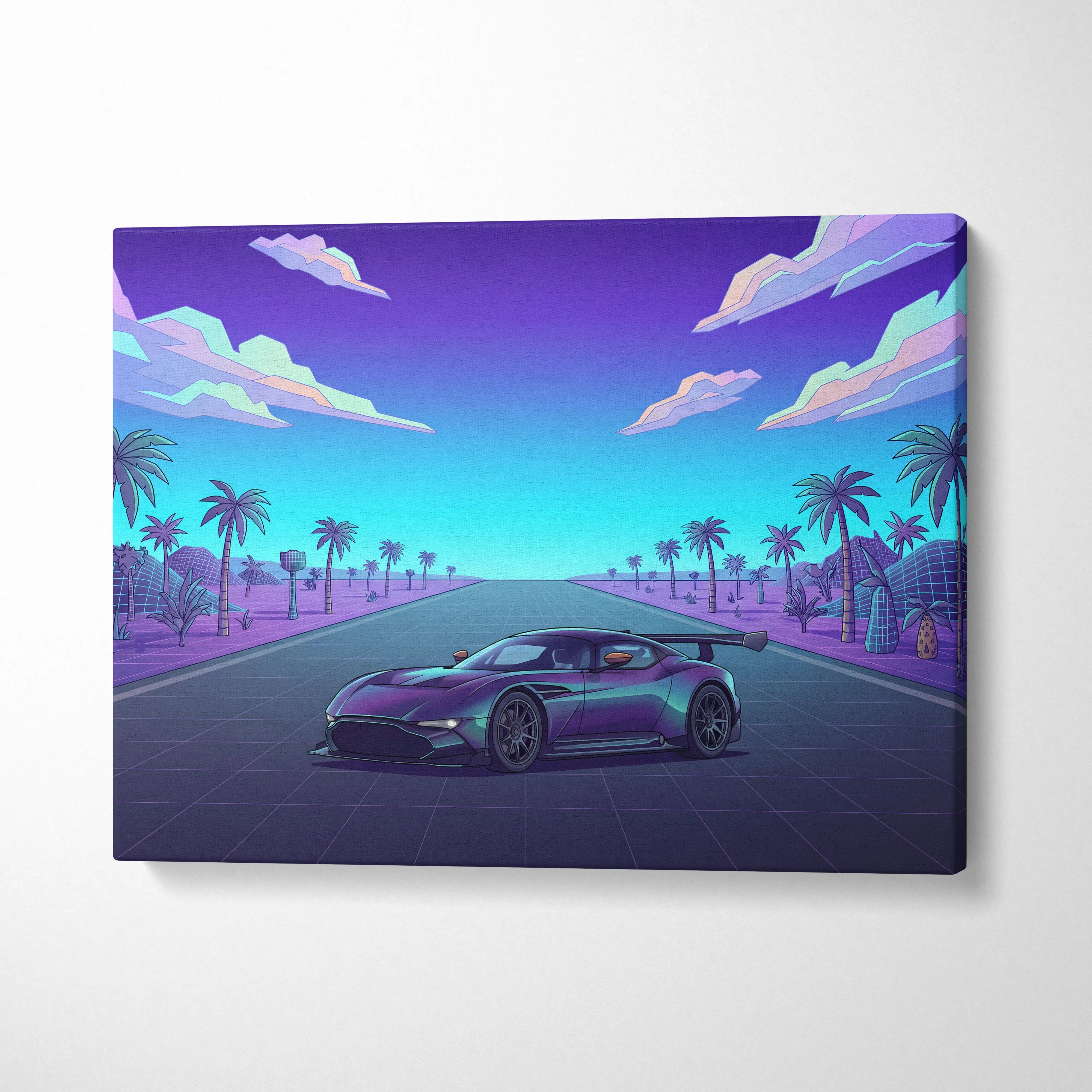 Aston Martin Vulcan Inspired Black Purple Canvas Wall Art Vaporwave Hypercar Artwork Neon Palm Road Garage Decor Retro Futuristic Sunset Print